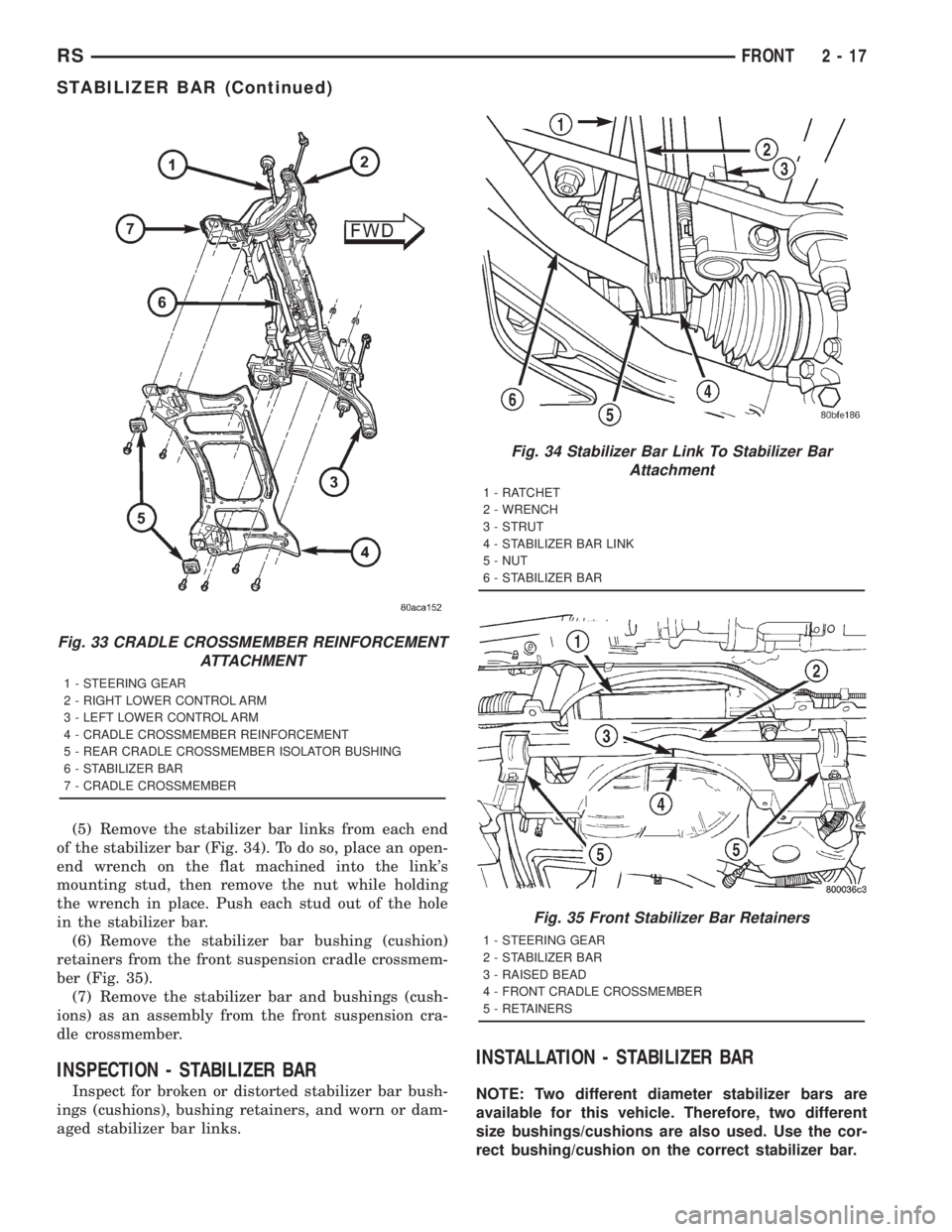 CHRYSLER VOYAGER 2001 Service Manual (5) Remove the stabilizer bar links from each end
of the stabilizer bar (Fig. 34). To do so, place an open-
end wrench on the flat machined into the links
mounting stud, then remove the nut while hol CHRYSLER VOYAGER 2001 Service Manual (5) Remove the stabilizer bar links from each end
of the stabilizer bar (Fig. 34). To do so, place an open-
end wrench on the flat machined into the links
mounting stud, then remove the nut while hol