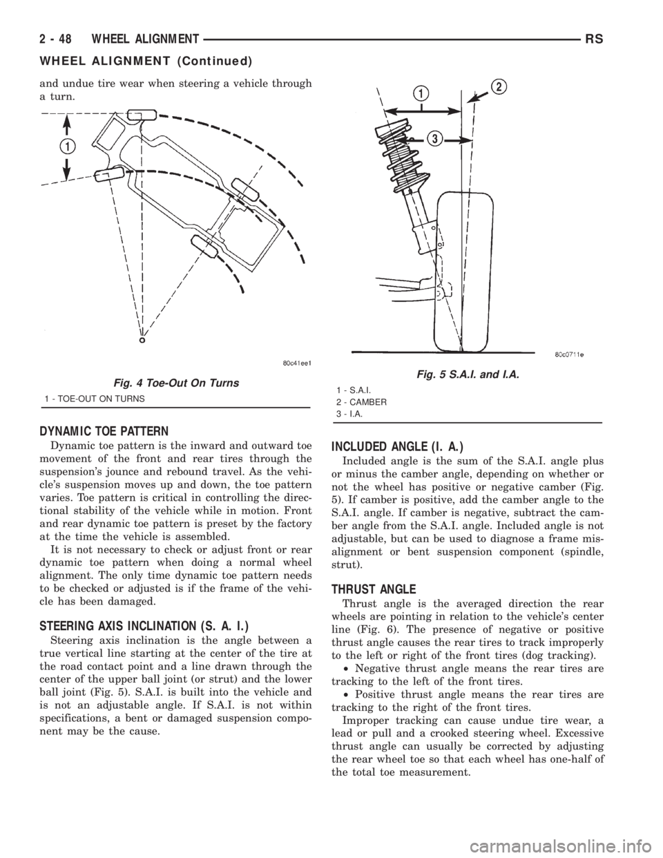 CHRYSLER VOYAGER 2001  Service Manual and undue tire wear when steering a vehicle through
a turn.
DYNAMIC TOE PATTERN
Dynamic toe pattern is the inward and outward toe
movement of the front and rear tires through the
suspensions jounce a