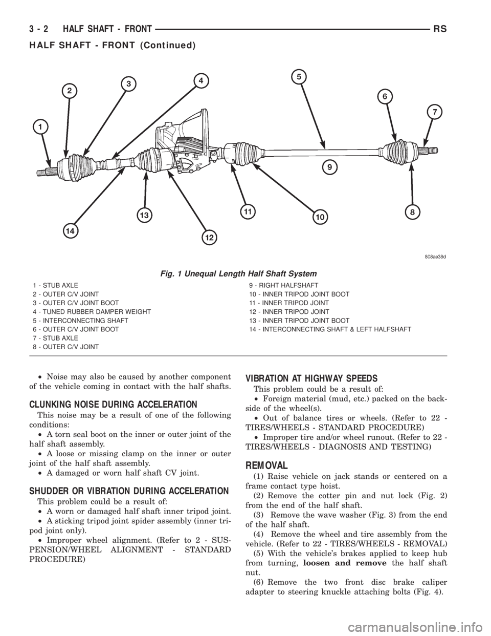CHRYSLER VOYAGER 2001 Service Manual ²Noise may also be caused by another component
of the vehicle coming in contact with the half shafts.
CLUNKING NOISE DURING ACCELERATION
This noise may be a result of one of the following
conditions: CHRYSLER VOYAGER 2001 Service Manual ²Noise may also be caused by another component
of the vehicle coming in contact with the half shafts.
CLUNKING NOISE DURING ACCELERATION
This noise may be a result of one of the following
conditions: