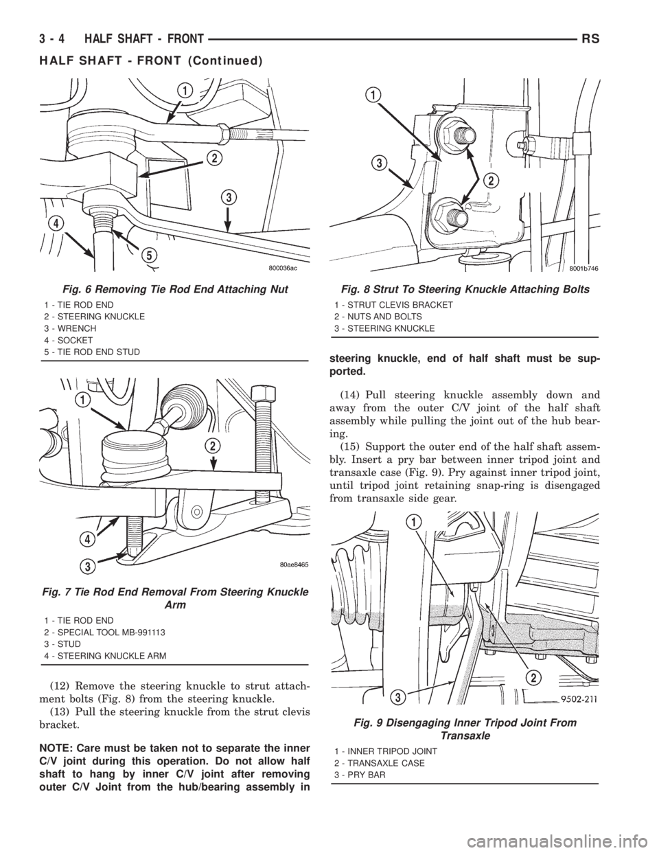 CHRYSLER VOYAGER 2001 Service Manual (12) Remove the steering knuckle to strut attach-
ment bolts (Fig. 8) from the steering knuckle.
(13) Pull the steering knuckle from the strut clevis
bracket.
NOTE: Care must be taken not to separate CHRYSLER VOYAGER 2001 Service Manual (12) Remove the steering knuckle to strut attach-
ment bolts (Fig. 8) from the steering knuckle.
(13) Pull the steering knuckle from the strut clevis
bracket.
NOTE: Care must be taken not to separate