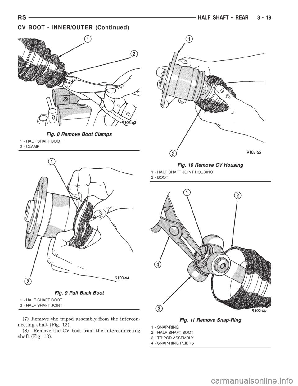 CHRYSLER VOYAGER 2001  Service Manual (7) Remove the tripod assembly from the intercon-
necting shaft (Fig. 12).
(8) Remove the CV boot from the interconnecting
shaft (Fig. 13).
Fig. 8 Remove Boot Clamps
1 - HALF SHAFT BOOT
2 - CLAMP
Fig.
