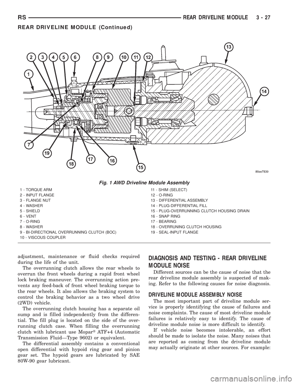 CHRYSLER VOYAGER 2001  Service Manual adjustment, maintenance or fluid checks required
during the life of the unit.
The overrunning clutch allows the rear wheels to
overrun the front wheels during a rapid front wheel
lock braking maneuver