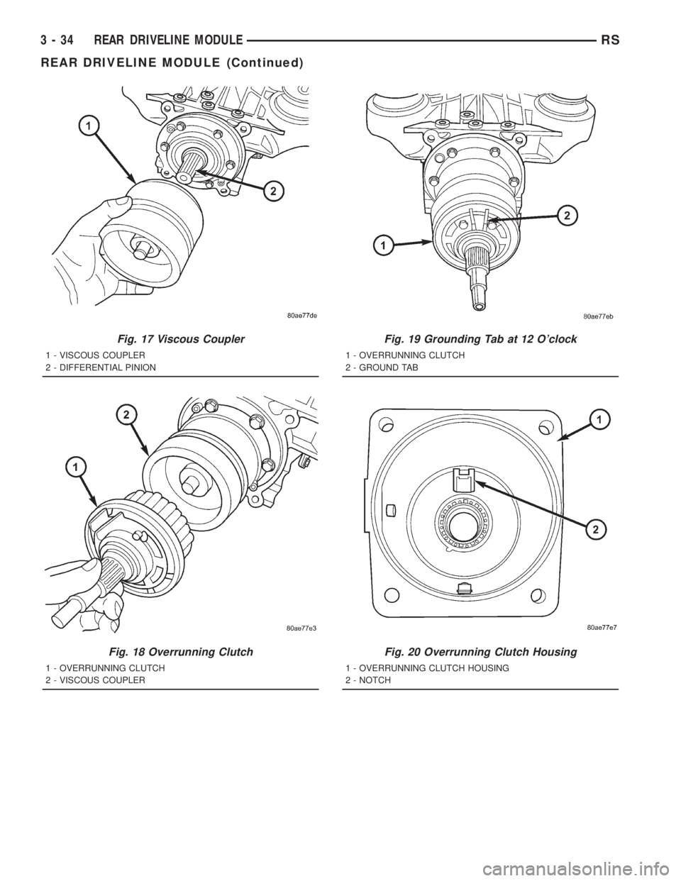 CHRYSLER VOYAGER 2001  Service Manual Fig. 17 Viscous Coupler
1 - VISCOUS COUPLER
2 - DIFFERENTIAL PINION
Fig. 18 Overrunning Clutch
1 - OVERRUNNING CLUTCH
2 - VISCOUS COUPLER
Fig. 19 Grounding Tab at 12 Oclock
1 - OVERRUNNING CLUTCH
2 -