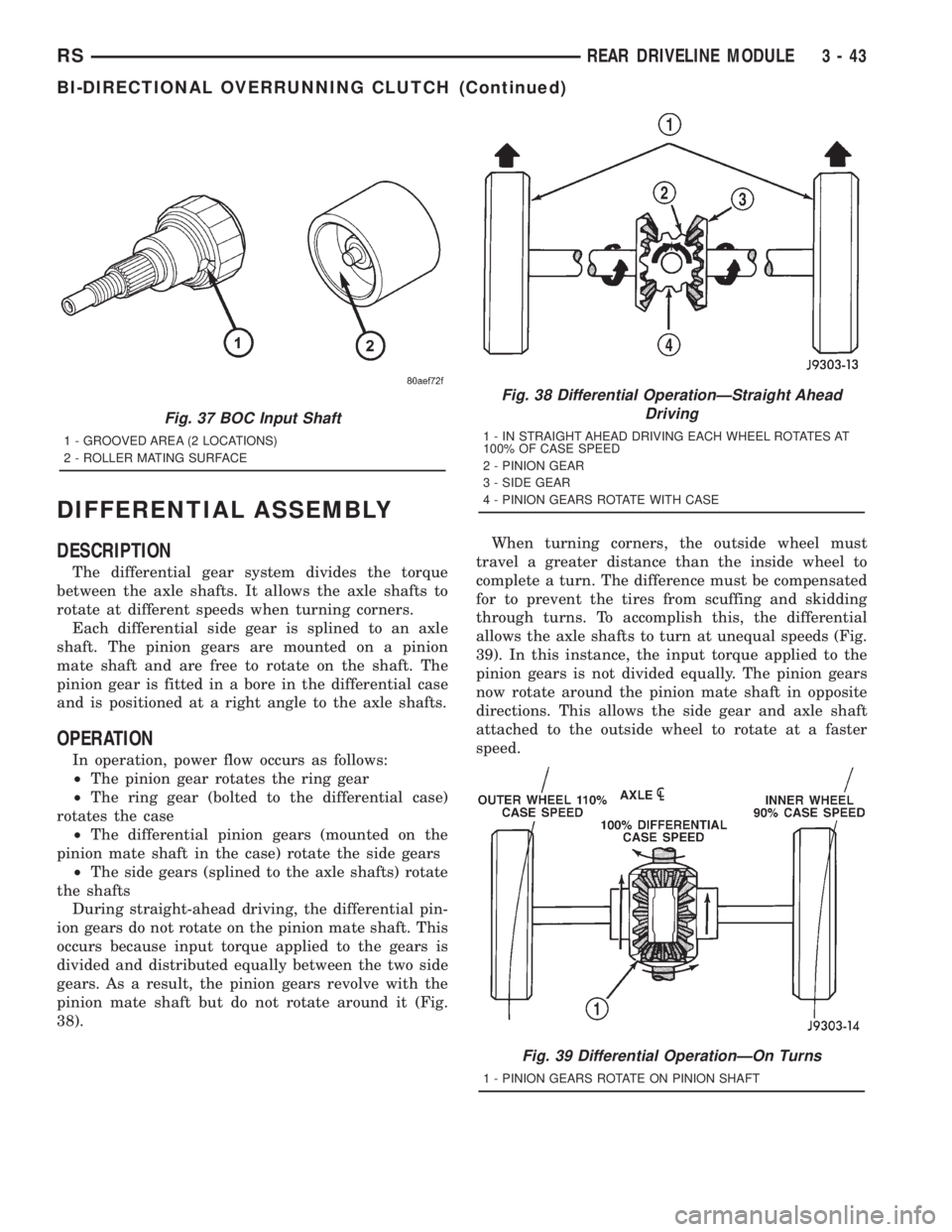 CHRYSLER VOYAGER 2001 Service Manual DIFFERENTIAL ASSEMBLY
DESCRIPTION
The differential gear system divides the torque
between the axle shafts. It allows the axle shafts to
rotate at different speeds when turning corners.
Each differenti CHRYSLER VOYAGER 2001 Service Manual DIFFERENTIAL ASSEMBLY
DESCRIPTION
The differential gear system divides the torque
between the axle shafts. It allows the axle shafts to
rotate at different speeds when turning corners.
Each differenti