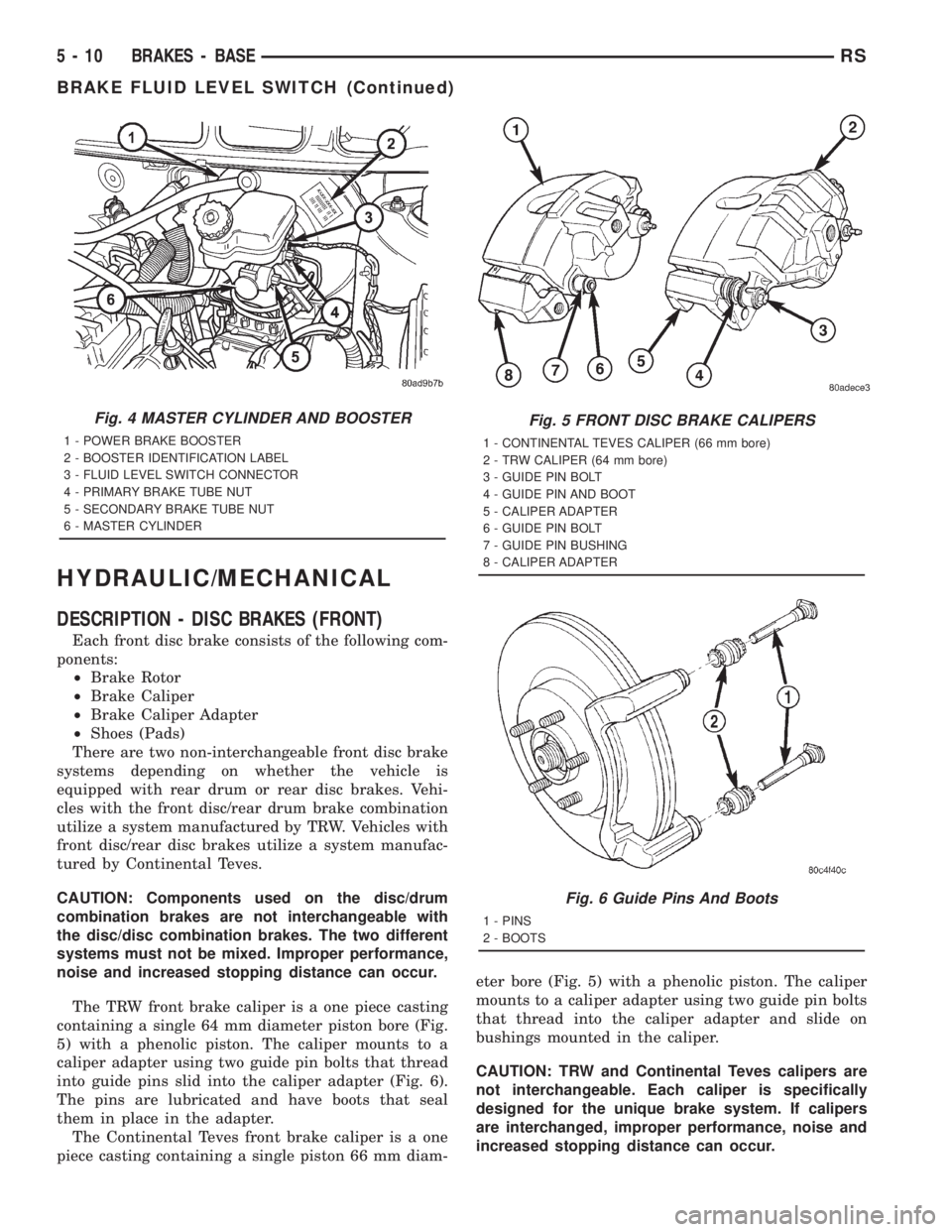 CHRYSLER VOYAGER 2001  Service Manual HYDRAULIC/MECHANICAL
DESCRIPTION - DISC BRAKES (FRONT)
Each front disc brake consists of the following com-
ponents:
²Brake Rotor
²Brake Caliper
²Brake Caliper Adapter
²Shoes (Pads)
There are two 