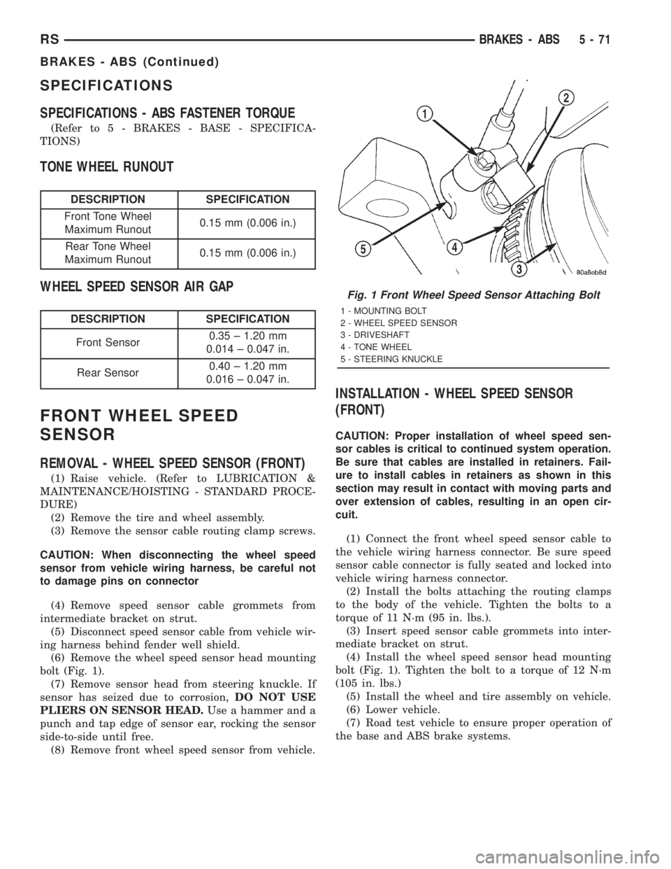 CHRYSLER VOYAGER 2001 Service Manual SPECIFICATIONS
SPECIFICATIONS - ABS FASTENER TORQUE
(Refer to 5 - BRAKES - BASE - SPECIFICA-
TIONS)
TONE WHEEL RUNOUT
DESCRIPTION SPECIFICATION
Front Tone Wheel
Maximum Runout0.15 mm (0.006 in.)
Rear CHRYSLER VOYAGER 2001 Service Manual SPECIFICATIONS
SPECIFICATIONS - ABS FASTENER TORQUE
(Refer to 5 - BRAKES - BASE - SPECIFICA-
TIONS)
TONE WHEEL RUNOUT
DESCRIPTION SPECIFICATION
Front Tone Wheel
Maximum Runout0.15 mm (0.006 in.)
Rear