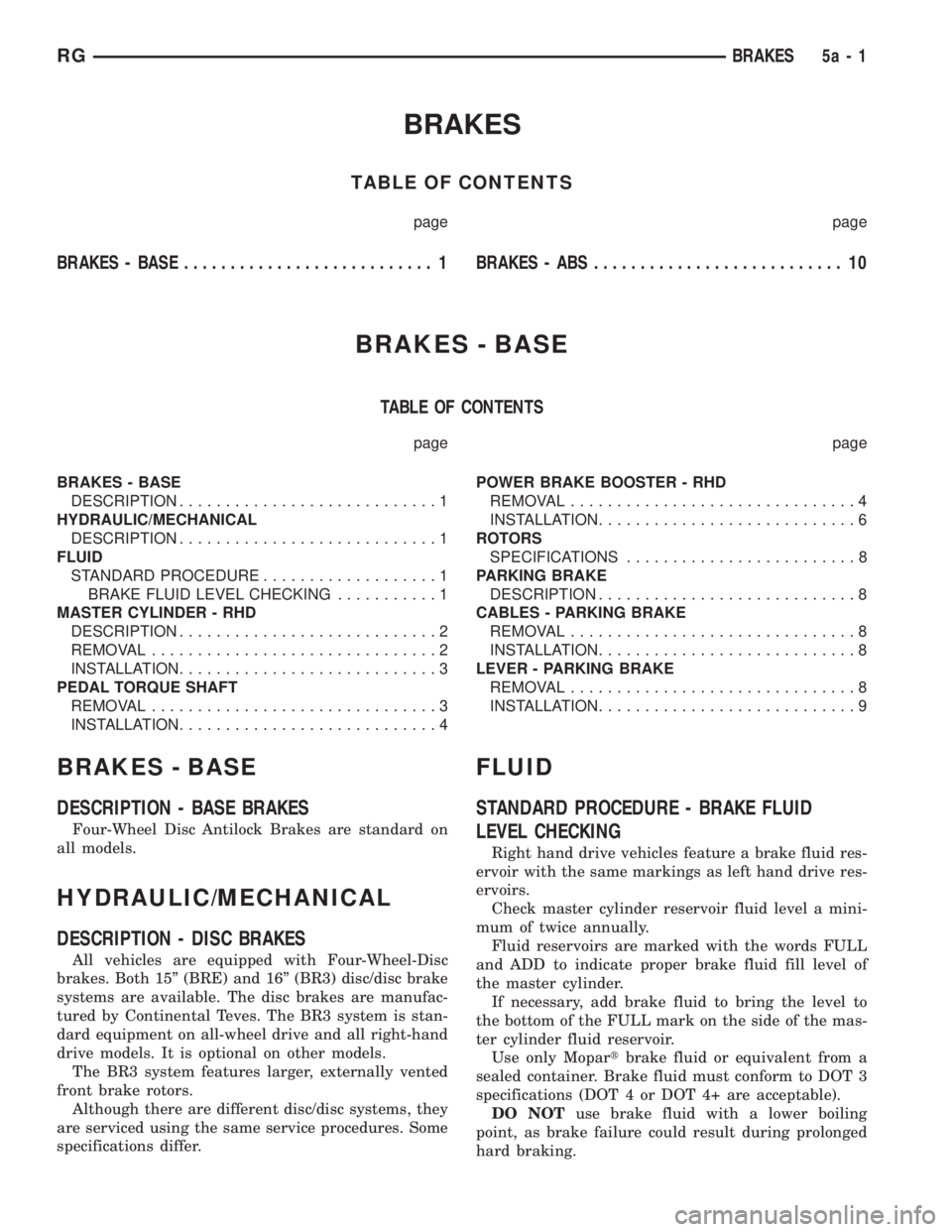 CHRYSLER VOYAGER 2001 Service Manual BRAKES
TABLE OF CONTENTS
page page
BRAKES - BASE........................... 1BRAKES - ABS........................... 10
BRAKES - BASE
TABLE OF CONTENTS
page page
BRAKES - BASE
DESCRIPTION............. CHRYSLER VOYAGER 2001 Service Manual BRAKES
TABLE OF CONTENTS
page page
BRAKES - BASE........................... 1BRAKES - ABS........................... 10
BRAKES - BASE
TABLE OF CONTENTS
page page
BRAKES - BASE
DESCRIPTION.............