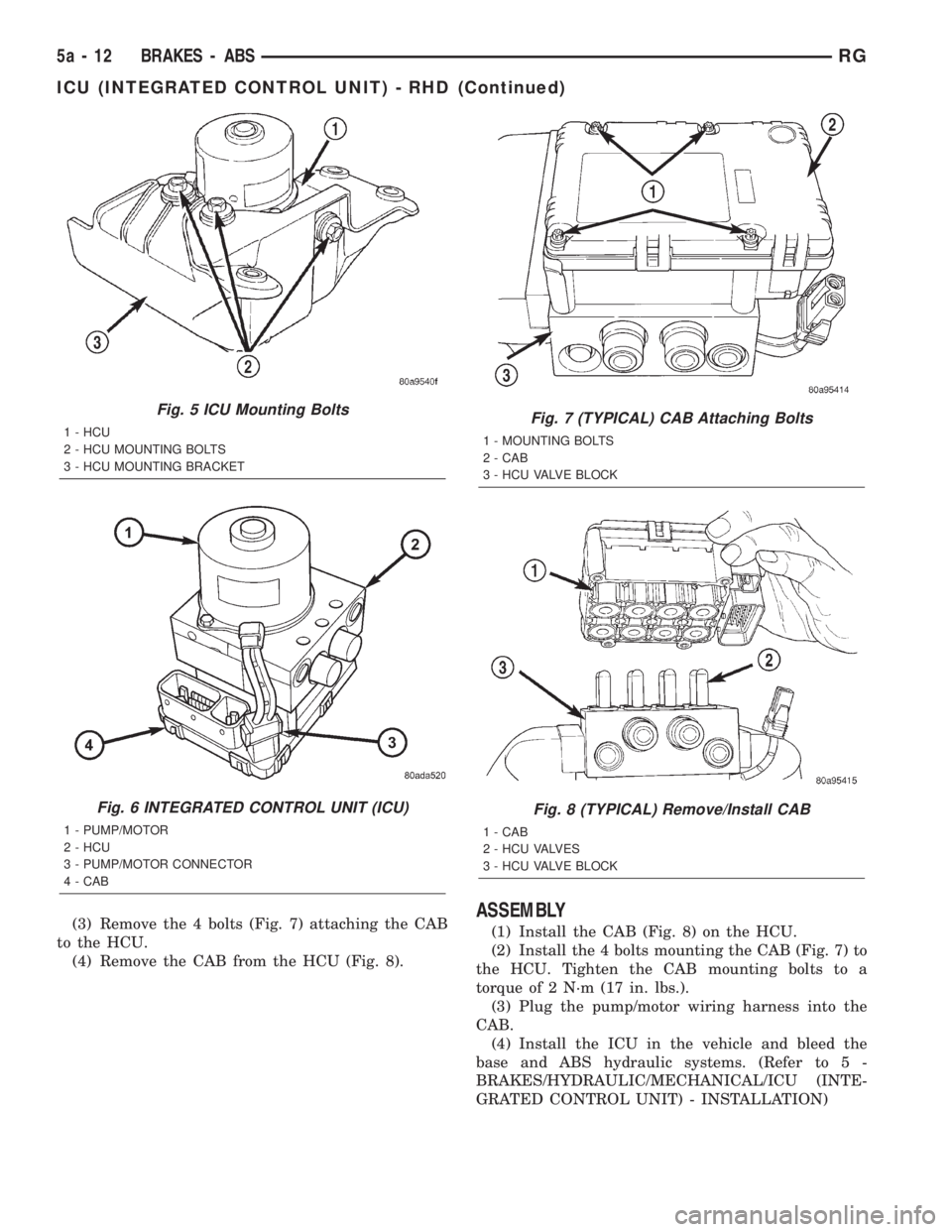 CHRYSLER VOYAGER 2001  Service Manual (3) Remove the 4 bolts (Fig. 7) attaching the CAB
to the HCU.
(4) Remove the CAB from the HCU (Fig. 8).ASSEMBLY
(1) Install the CAB (Fig. 8) on the HCU.
(2) Install the 4 bolts mounting the CAB (Fig. 