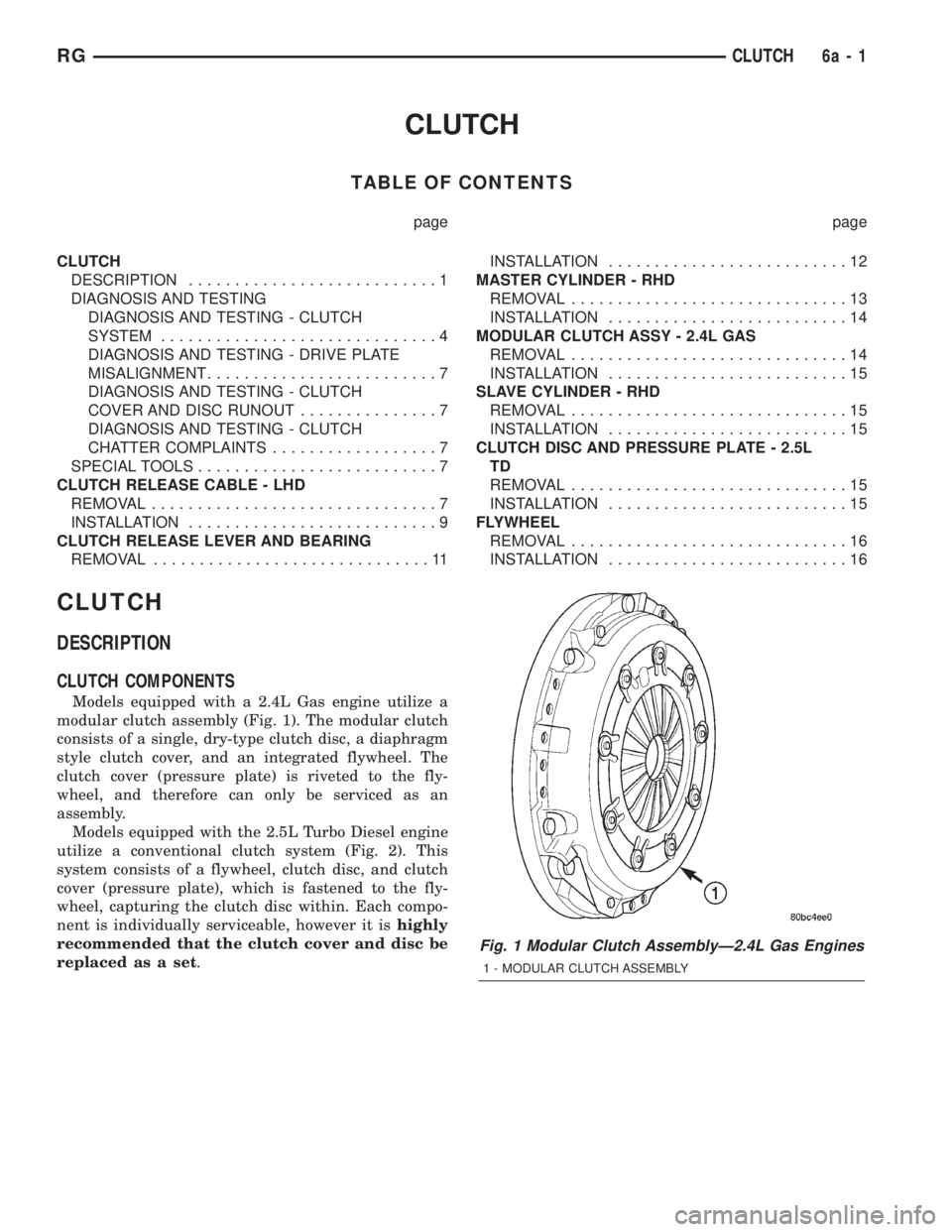 CHRYSLER VOYAGER 2001  Service Manual CLUTCH
TABLE OF CONTENTS
page page
CLUTCH
DESCRIPTION...........................1
DIAGNOSIS AND TESTING
DIAGNOSIS AND TESTING - CLUTCH
SYSTEM..............................4
DIAGNOSIS AND TESTING - DRI