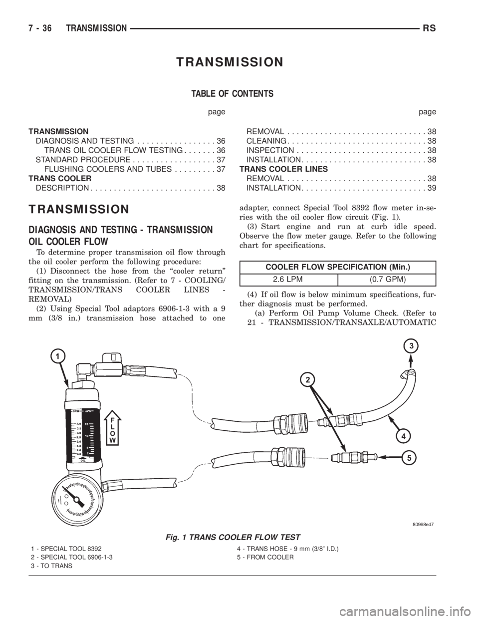 CHRYSLER VOYAGER 2001  Service Manual TRANSMISSION
TABLE OF CONTENTS
page page
TRANSMISSION
DIAGNOSIS AND TESTING.................36
TRANS OIL COOLER FLOW TESTING.......36
STANDARD PROCEDURE..................37
FLUSHING COOLERS AND TUBES.
