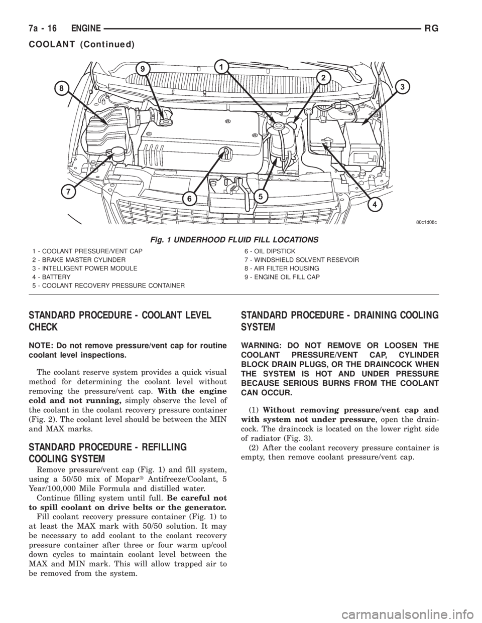 CHRYSLER VOYAGER 2001  Service Manual STANDARD PROCEDURE - COOLANT LEVEL
CHECK
NOTE: Do not remove pressure/vent cap for routine
coolant level inspections.
The coolant reserve system provides a quick visual
method for determining the cool