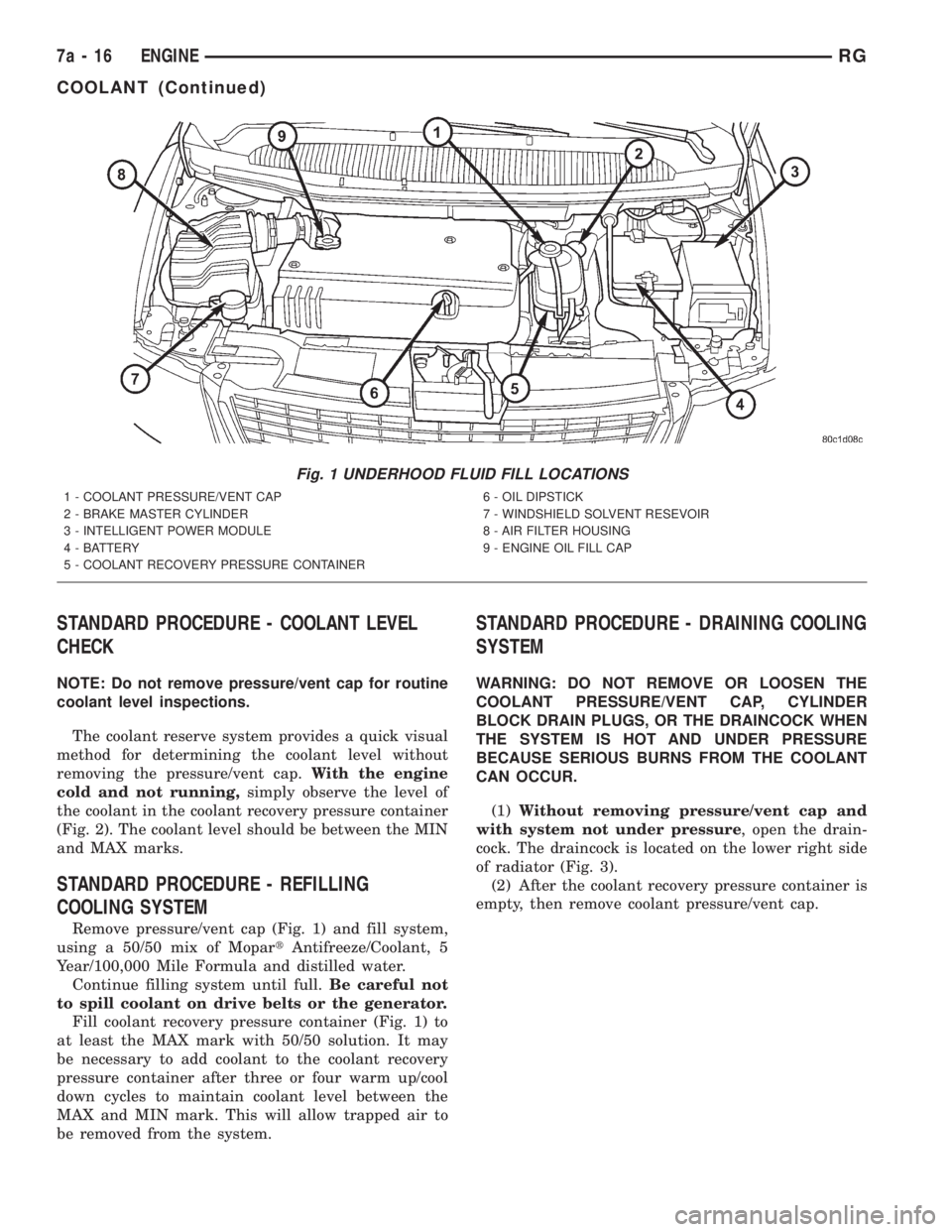 CHRYSLER VOYAGER 2001 Service Manual STANDARD PROCEDURE - COOLANT LEVEL
CHECK
NOTE: Do not remove pressure/vent cap for routine
coolant level inspections.
The coolant reserve system provides a quick visual
method for determining the cool CHRYSLER VOYAGER 2001 Service Manual STANDARD PROCEDURE - COOLANT LEVEL
CHECK
NOTE: Do not remove pressure/vent cap for routine
coolant level inspections.
The coolant reserve system provides a quick visual
method for determining the cool