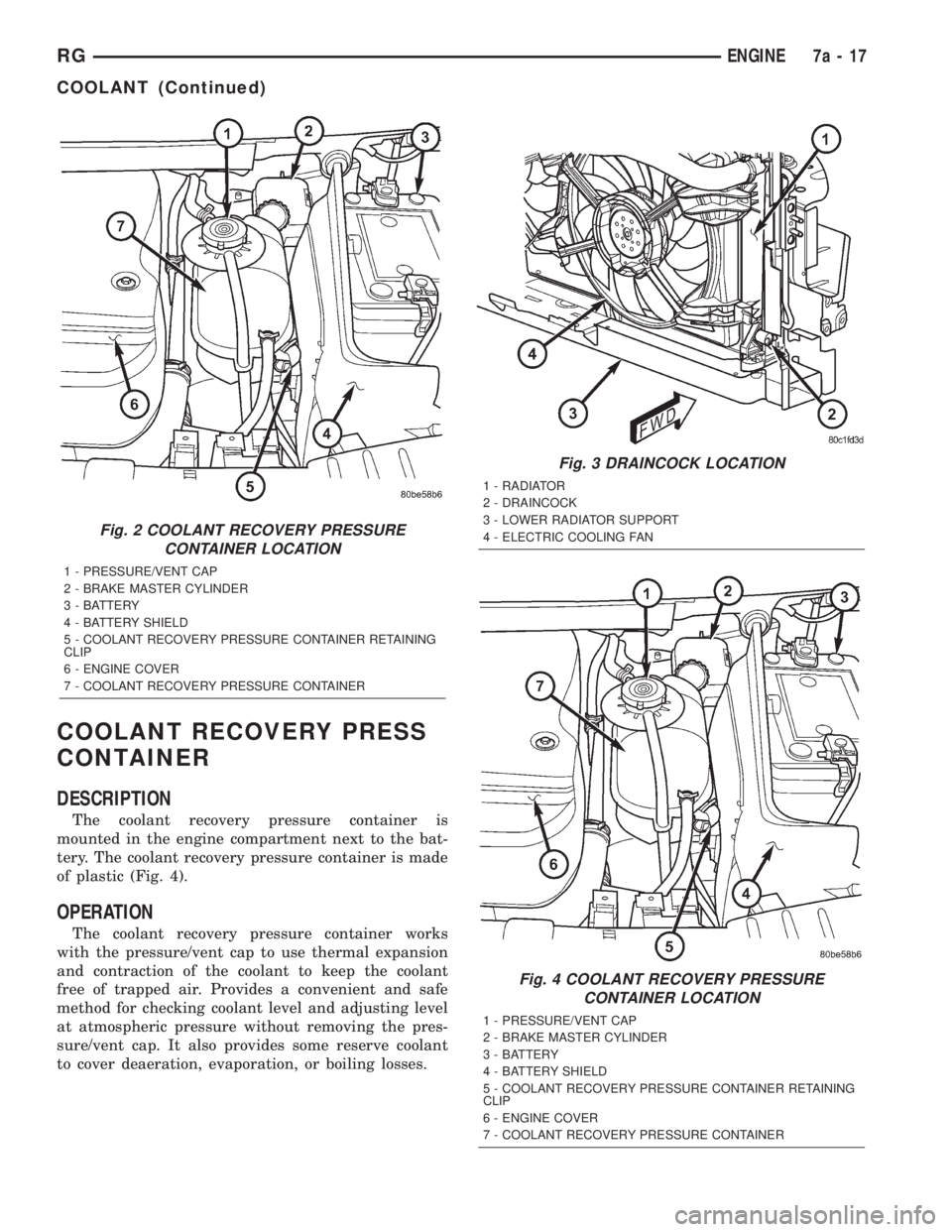 CHRYSLER VOYAGER 2001 Service Manual COOLANT RECOVERY PRESS
CONTAINER
DESCRIPTION
The coolant recovery pressure container is
mounted in the engine compartment next to the bat-
tery. The coolant recovery pressure container is made
of plas CHRYSLER VOYAGER 2001 Service Manual COOLANT RECOVERY PRESS
CONTAINER
DESCRIPTION
The coolant recovery pressure container is
mounted in the engine compartment next to the bat-
tery. The coolant recovery pressure container is made
of plas