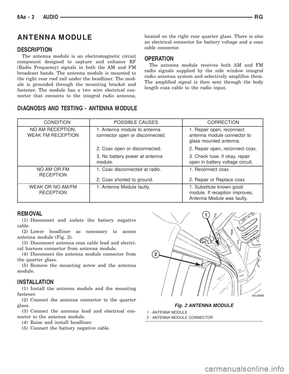 CHRYSLER VOYAGER 2001  Service Manual ANTENNA MODULE
DESCRIPTION
The antenna module is an electromagnetic circuit
component designed to capture and enhance RF
(Radio Frequency) signals in both the AM and FM
broadcast bands. The antenna mo