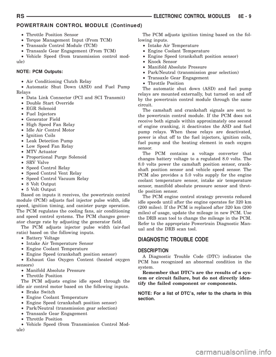 CHRYSLER VOYAGER 2001  Service Manual ²Throttle Position Sensor
²Torque Management Input (From TCM)
²Transaxle Control Module (TCM)
²Transaxle Gear Engagement (From TCM)
²Vehicle Speed (from transmission control mod-
ule)
NOTE: PCM O