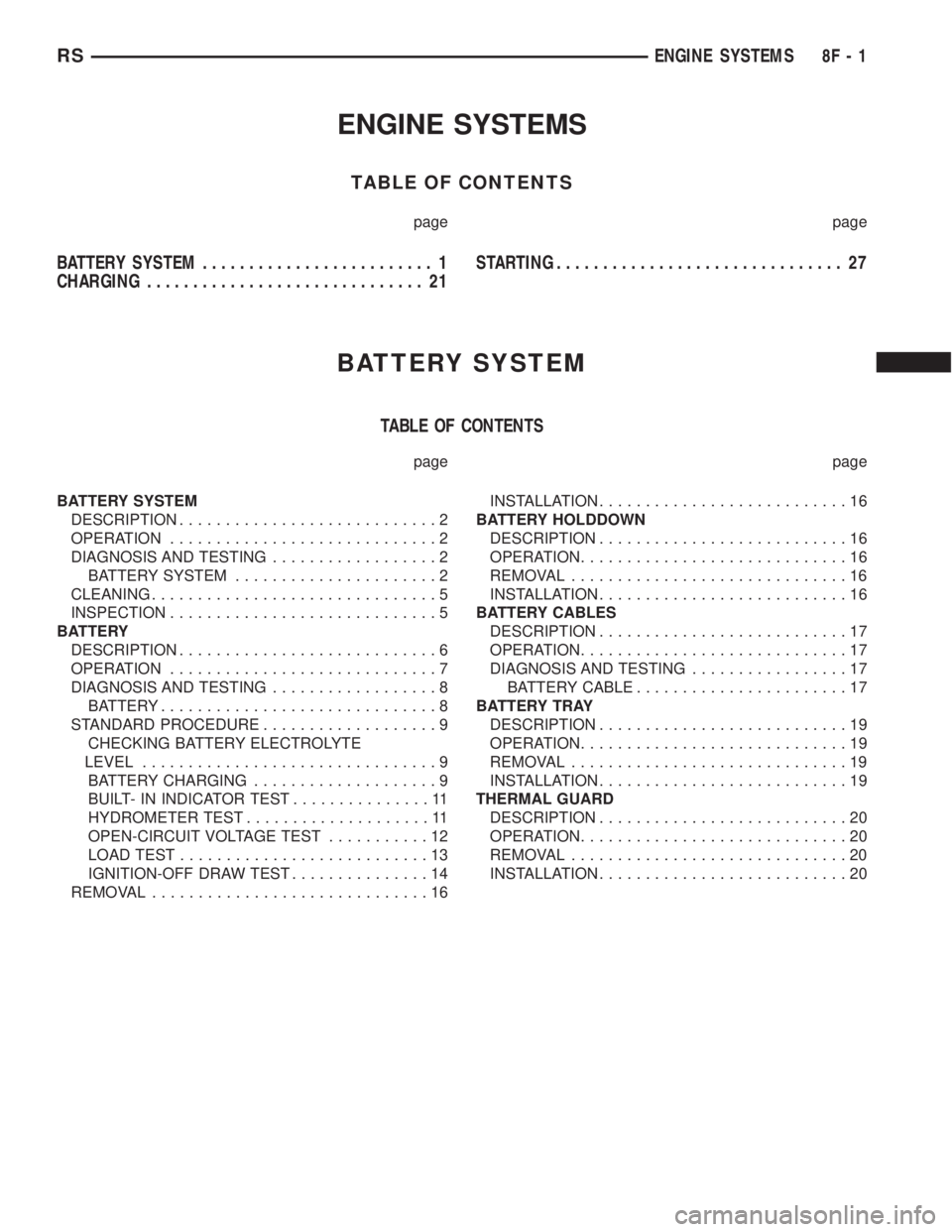 CHRYSLER VOYAGER 2001 Service Manual ENGINE SYSTEMS
TABLE OF CONTENTS
page page
BATTERY SYSTEM......................... 1
CHARGING.............................. 21STARTING............................... 27
BATTERY SYSTEM
TABLE OF CONTENT CHRYSLER VOYAGER 2001 Service Manual ENGINE SYSTEMS
TABLE OF CONTENTS
page page
BATTERY SYSTEM......................... 1
CHARGING.............................. 21STARTING............................... 27
BATTERY SYSTEM
TABLE OF CONTENT