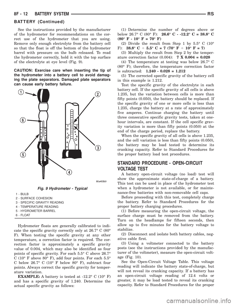 CHRYSLER VOYAGER 2001  Service Manual See the instructions provided by the manufacturer
of the hydrometer for recommendations on the cor-
rect use of the hydrometer that you are using.
Remove only enough electrolyte from the battery cell
