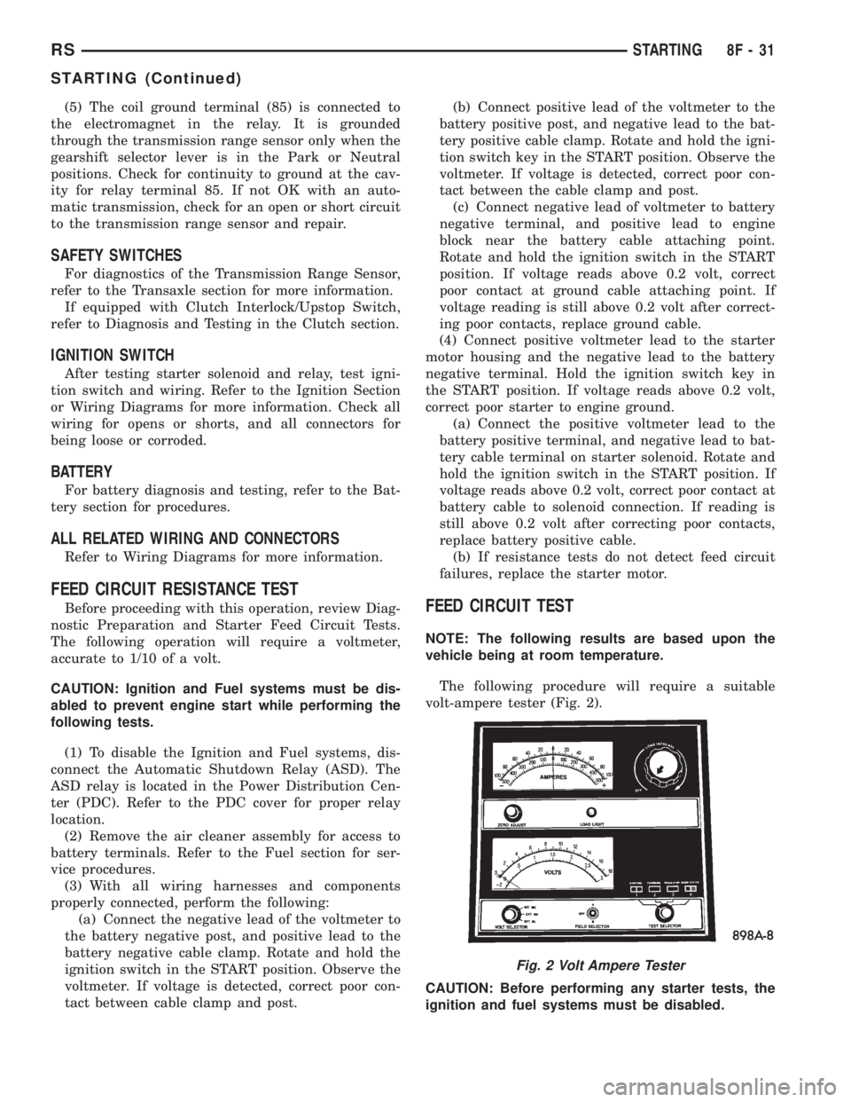 CHRYSLER VOYAGER 2001  Service Manual (5) The coil ground terminal (85) is connected to
the electromagnet in the relay. It is grounded
through the transmission range sensor only when the
gearshift selector lever is in the Park or Neutral
