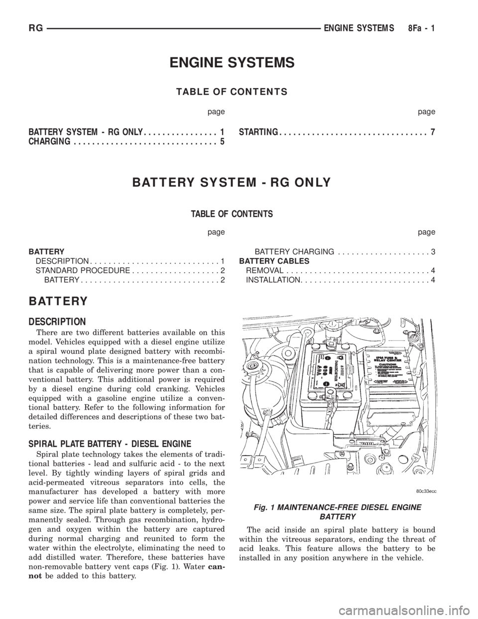 CHRYSLER VOYAGER 2001 Service Manual ENGINE SYSTEMS
TABLE OF CONTENTS
page page
BATTERY SYSTEM - RG ONLY................ 1
CHARGING............................... 5STARTING................................ 7
BATTERY SYSTEM - RG ONLY
TABLE CHRYSLER VOYAGER 2001 Service Manual ENGINE SYSTEMS
TABLE OF CONTENTS
page page
BATTERY SYSTEM - RG ONLY................ 1
CHARGING............................... 5STARTING................................ 7
BATTERY SYSTEM - RG ONLY
TABLE