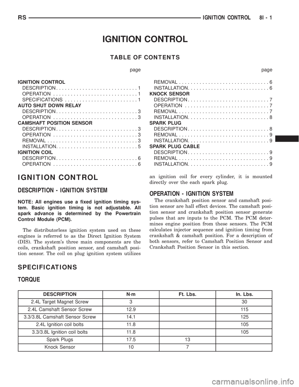 CHRYSLER VOYAGER 2001 Service Manual IGNITION CONTROL
TABLE OF CONTENTS
page page
IGNITION CONTROL
DESCRIPTION............................1
OPERATION.............................1
SPECIFICATIONS.........................1
AUTO SHUT DOWN R CHRYSLER VOYAGER 2001 Service Manual IGNITION CONTROL
TABLE OF CONTENTS
page page
IGNITION CONTROL
DESCRIPTION............................1
OPERATION.............................1
SPECIFICATIONS.........................1
AUTO SHUT DOWN R