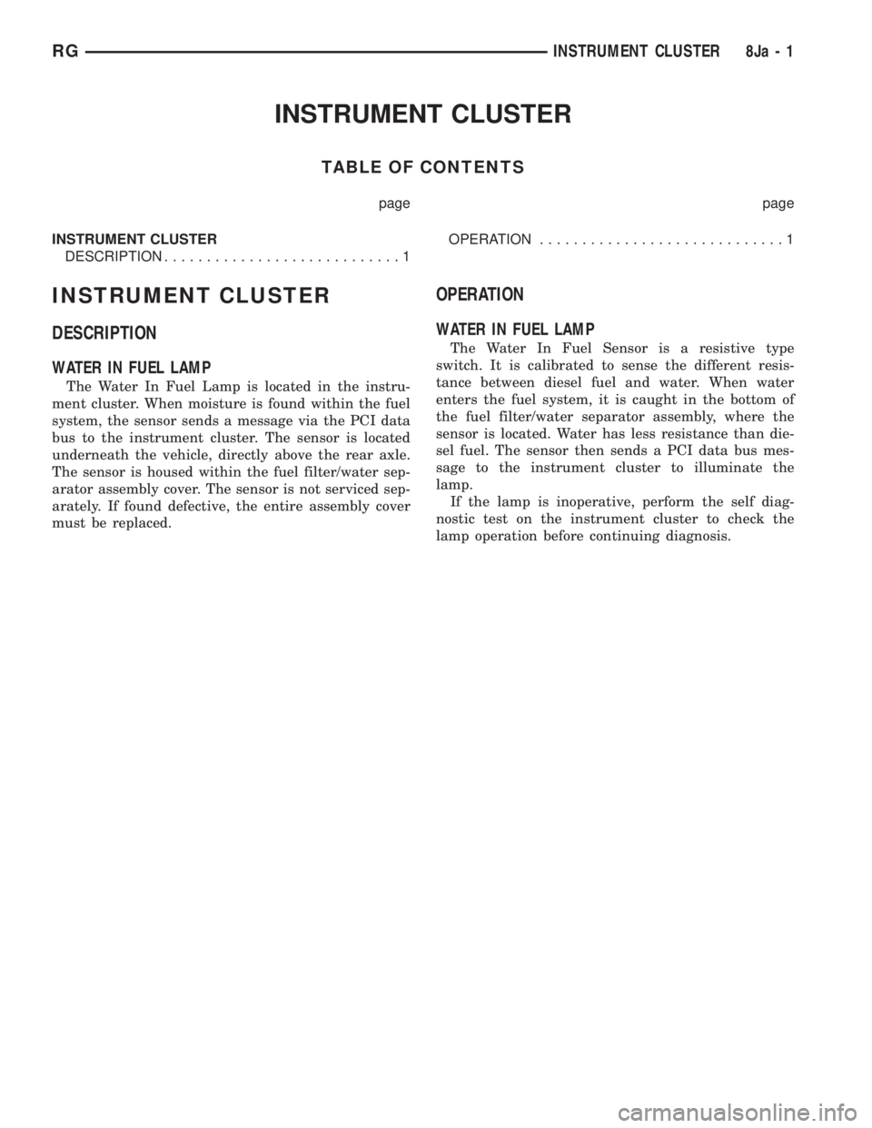 CHRYSLER VOYAGER 2001  Service Manual INSTRUMENT CLUSTER
TABLE OF CONTENTS
page page
INSTRUMENT CLUSTER
DESCRIPTION............................1OPERATION.............................1
INSTRUMENT CLUSTER
DESCRIPTION
WATER IN FUEL LAMP
The 