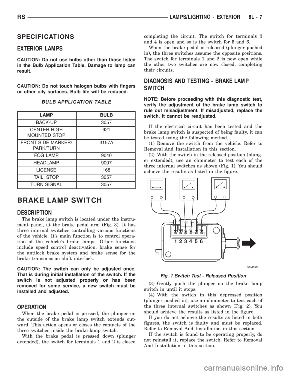 CHRYSLER VOYAGER 2001 Service Manual SPECIFICATIONS
EXTERIOR LAMPS
CAUTION: Do not use bulbs other than those listed
in the Bulb Application Table. Damage to lamp can
result.
CAUTION: Do not touch halogen bulbs with fingers
or other oily CHRYSLER VOYAGER 2001 Service Manual SPECIFICATIONS
EXTERIOR LAMPS
CAUTION: Do not use bulbs other than those listed
in the Bulb Application Table. Damage to lamp can
result.
CAUTION: Do not touch halogen bulbs with fingers
or other oily