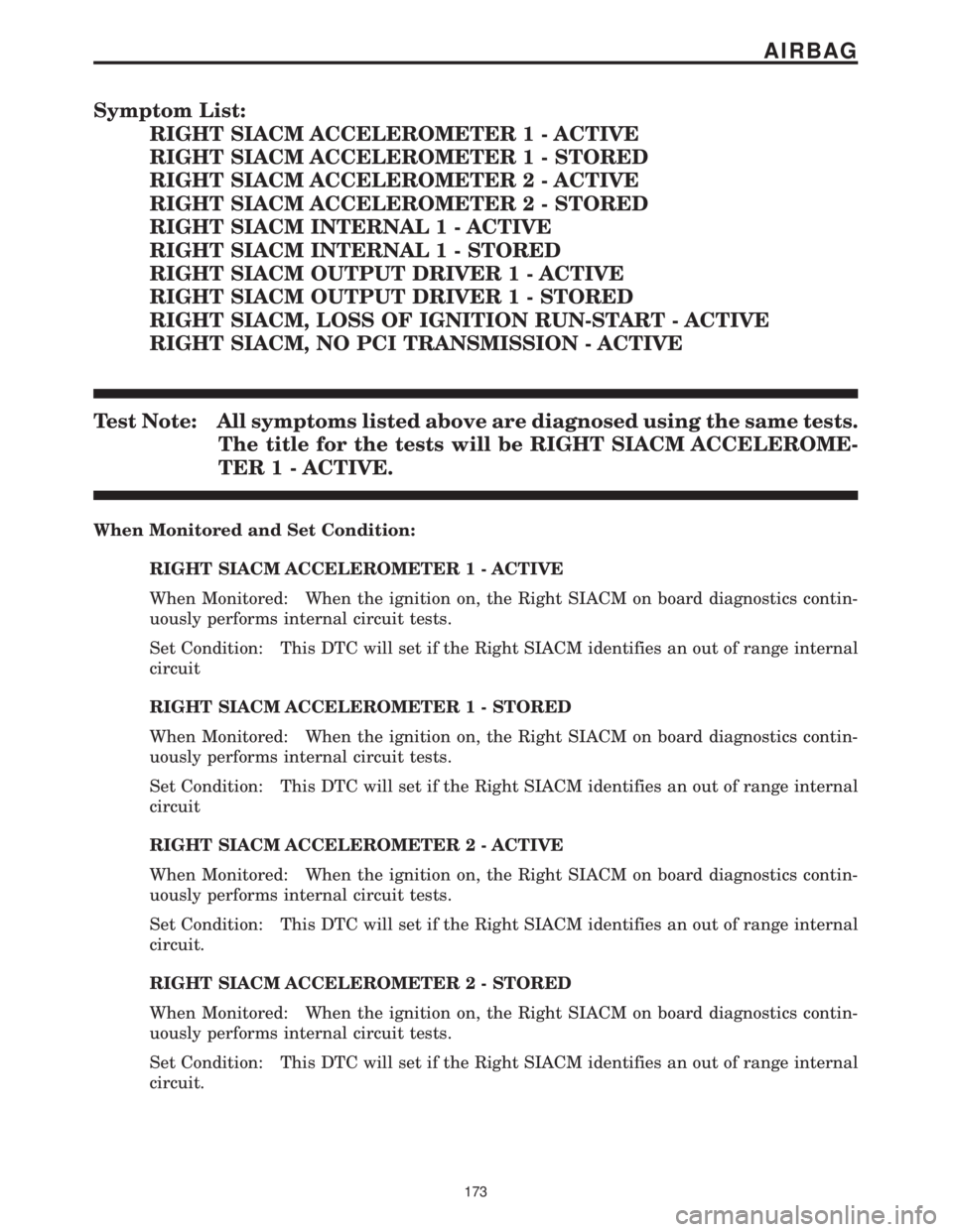 CHRYSLER VOYAGER 2001 Service Manual Symptom List:
RIGHT SIACM ACCELEROMETER 1 - ACTIVE
RIGHT SIACM ACCELEROMETER 1 - STORED
RIGHT SIACM ACCELEROMETER 2 - ACTIVE
RIGHT SIACM ACCELEROMETER 2 - STORED
RIGHT SIACM INTERNAL 1 - ACTIVE
RIGHT CHRYSLER VOYAGER 2001 Service Manual Symptom List:
RIGHT SIACM ACCELEROMETER 1 - ACTIVE
RIGHT SIACM ACCELEROMETER 1 - STORED
RIGHT SIACM ACCELEROMETER 2 - ACTIVE
RIGHT SIACM ACCELEROMETER 2 - STORED
RIGHT SIACM INTERNAL 1 - ACTIVE
RIGHT