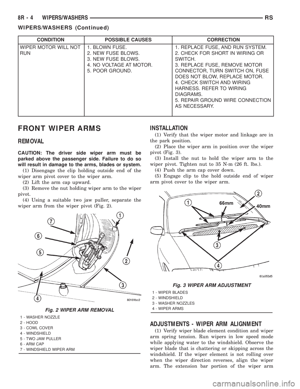 CHRYSLER VOYAGER 2001 Service Manual CONDITION POSSIBLE CAUSES CORRECTION
WIPER MOTOR WILL NOT
RUN1. BLOWN FUSE.
2. NEW FUSE BLOWS.
3. NEW FUSE BLOWS.
4. NO VOLTAGE AT MOTOR.
5. POOR GROUND.1. REPLACE FUSE, AND RUN SYSTEM.
2. CHECK FOR S CHRYSLER VOYAGER 2001 Service Manual CONDITION POSSIBLE CAUSES CORRECTION
WIPER MOTOR WILL NOT
RUN1. BLOWN FUSE.
2. NEW FUSE BLOWS.
3. NEW FUSE BLOWS.
4. NO VOLTAGE AT MOTOR.
5. POOR GROUND.1. REPLACE FUSE, AND RUN SYSTEM.
2. CHECK FOR S