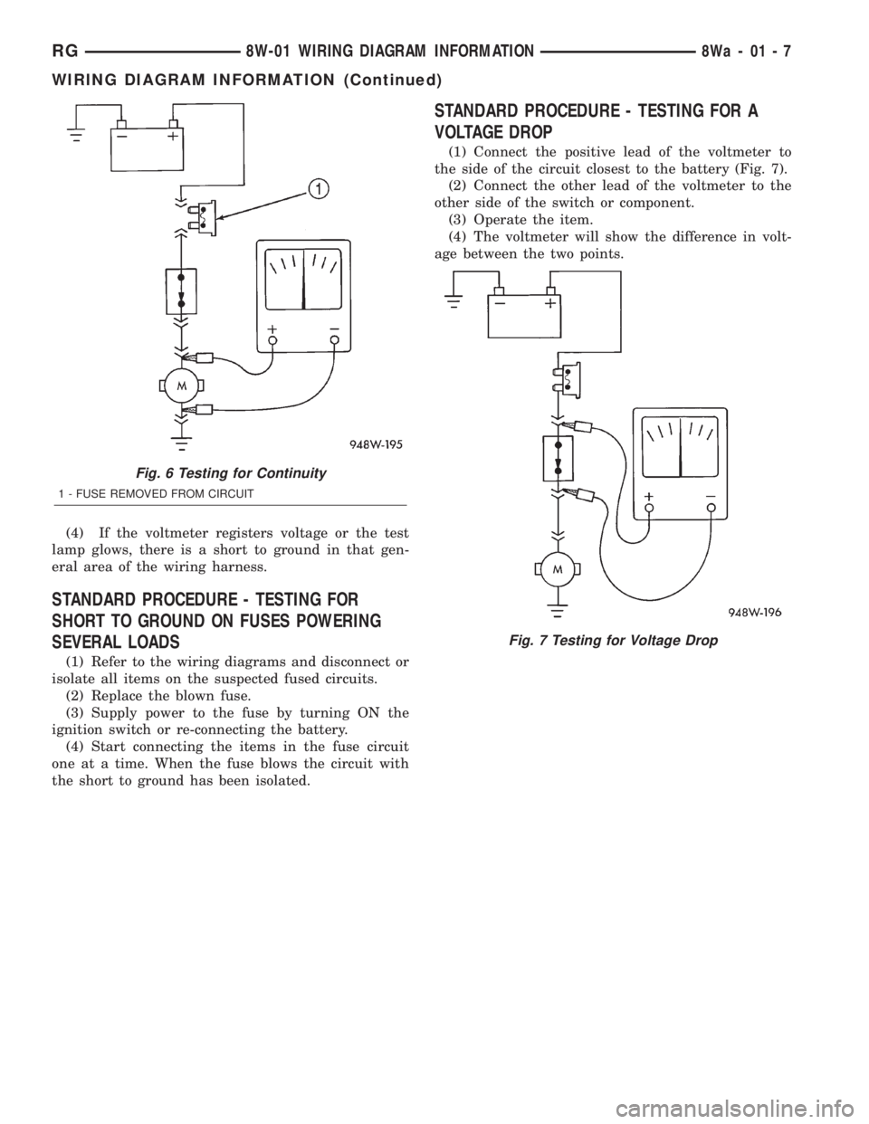 CHRYSLER VOYAGER 2001 Service Manual (4) If the voltmeter registers voltage or the test
lamp glows, there is a short to ground in that gen-
eral area of the wiring harness.
STANDARD PROCEDURE - TESTING FOR
SHORT TO GROUND ON FUSES POWERI CHRYSLER VOYAGER 2001 Service Manual (4) If the voltmeter registers voltage or the test
lamp glows, there is a short to ground in that gen-
eral area of the wiring harness.
STANDARD PROCEDURE - TESTING FOR
SHORT TO GROUND ON FUSES POWERI