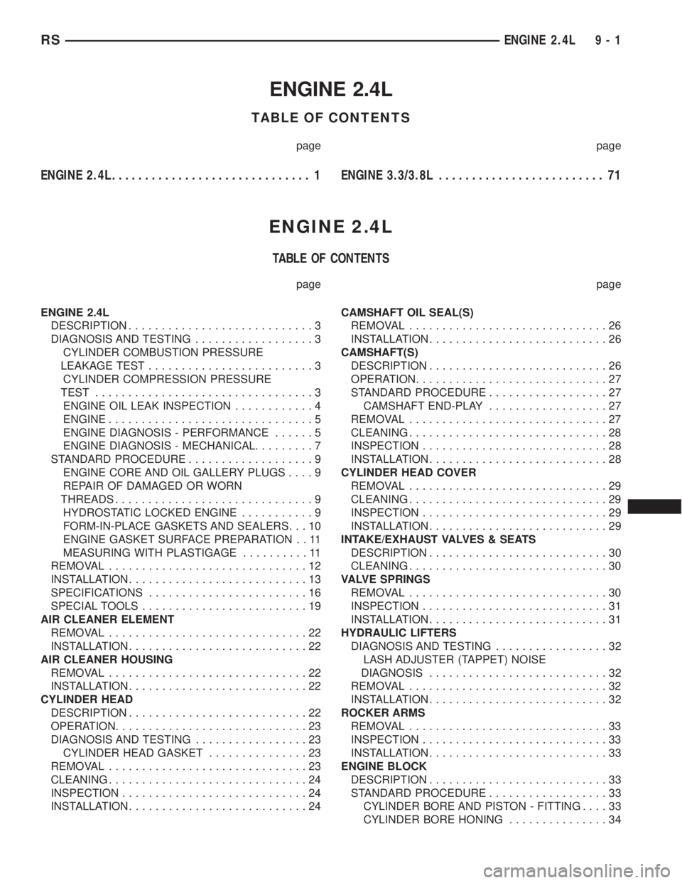 CHRYSLER VOYAGER 2001 Service Manual ENGINE 2.4L
TABLE OF CONTENTS
page page
ENGINE 2.4L.............................. 1ENGINE 3.3/3.8L......................... 71
ENGINE 2.4L
TABLE OF CONTENTS
page page
ENGINE 2.4L
DESCRIPTION.......... CHRYSLER VOYAGER 2001 Service Manual ENGINE 2.4L
TABLE OF CONTENTS
page page
ENGINE 2.4L.............................. 1ENGINE 3.3/3.8L......................... 71
ENGINE 2.4L
TABLE OF CONTENTS
page page
ENGINE 2.4L
DESCRIPTION..........
