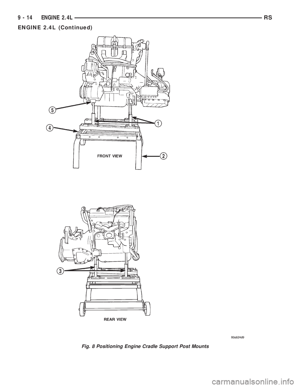 CHRYSLER VOYAGER 2001  Service Manual Fig. 8 Positioning Engine Cradle Support Post Mounts
9 - 14 ENGINE 2.4LRS
ENGINE 2.4L (Continued) 