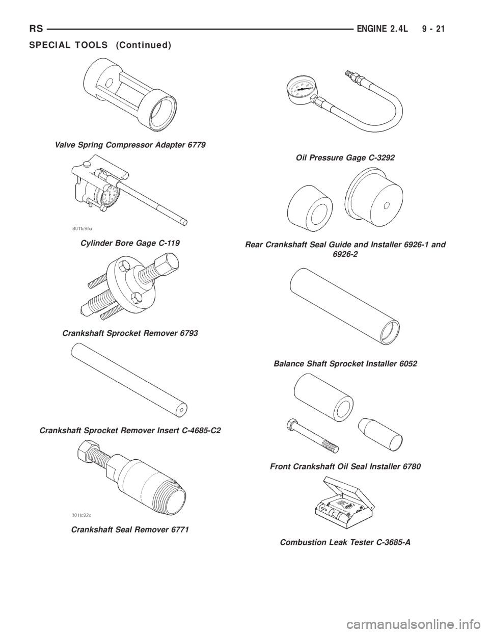 CHRYSLER VOYAGER 2001  Service Manual Valve Spring Compressor Adapter 6779
Cylinder Bore Gage C-119
Crankshaft Sprocket Remover 6793
Crankshaft Sprocket Remover Insert C-4685-C2
Crankshaft Seal Remover 6771
Oil Pressure Gage C-3292
Rear C