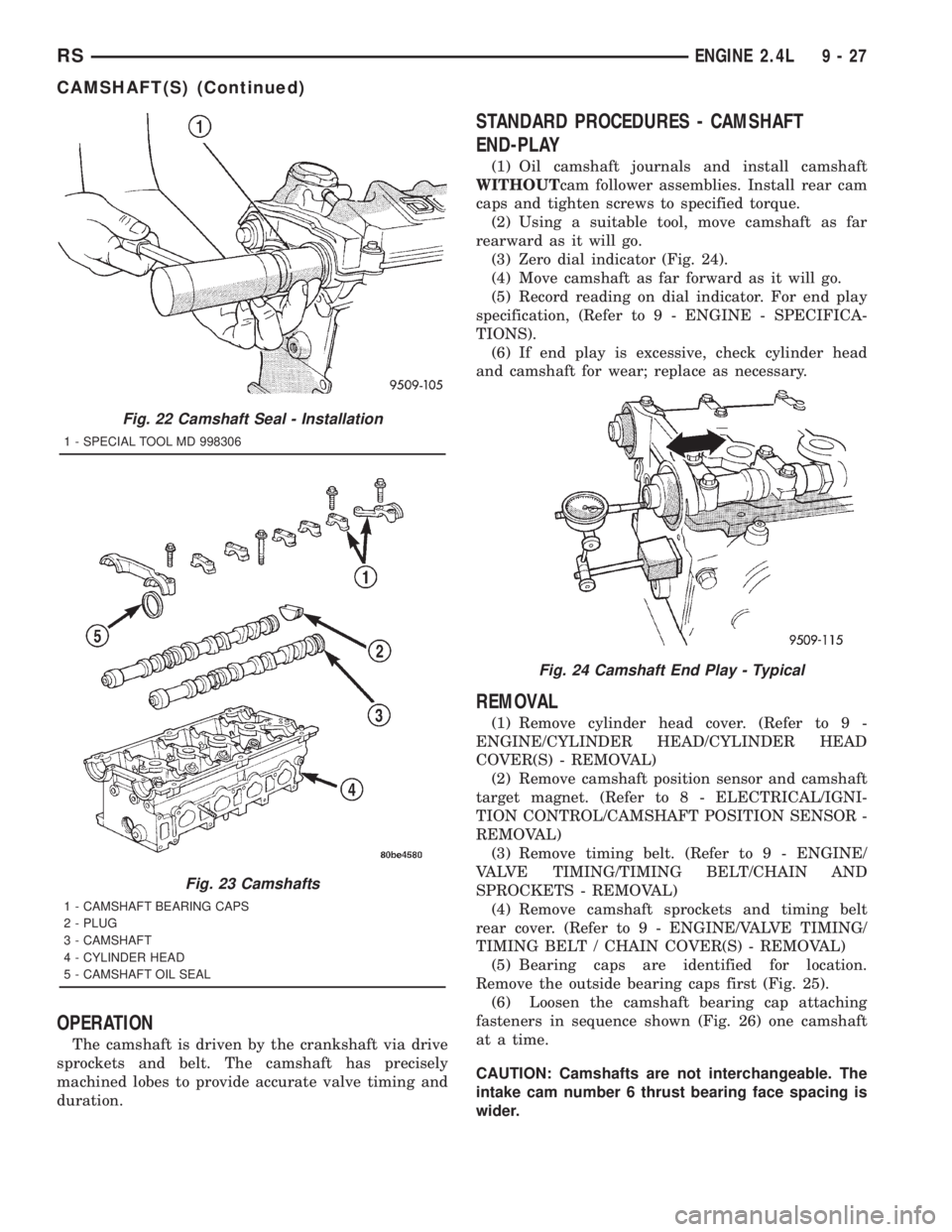 CHRYSLER VOYAGER 2001  Service Manual OPERATION
The camshaft is driven by the crankshaft via drive
sprockets and belt. The camshaft has precisely
machined lobes to provide accurate valve timing and
duration.
STANDARD PROCEDURES - CAMSHAFT