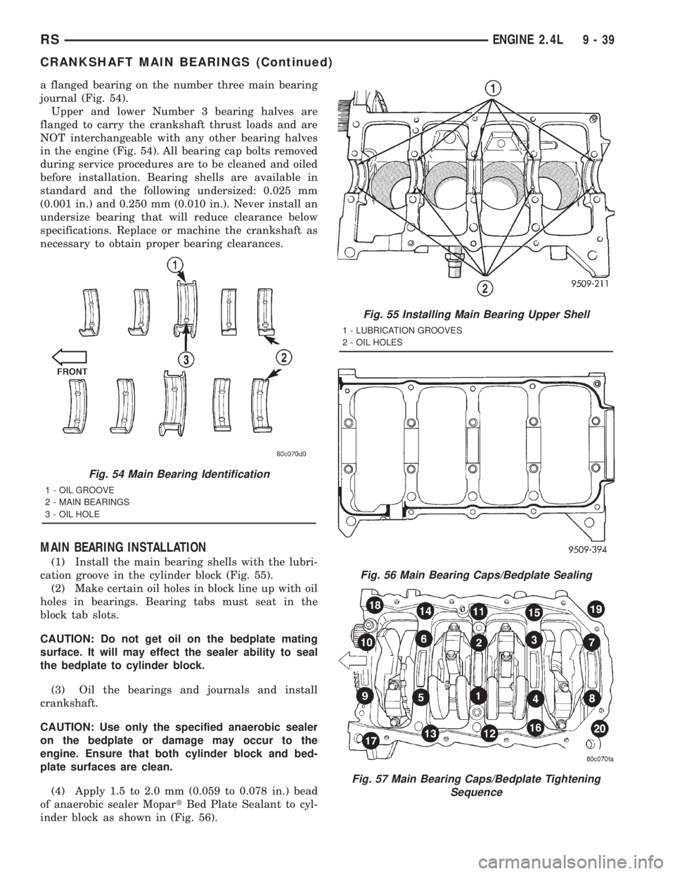 CHRYSLER VOYAGER 2001  Service Manual a flanged bearing on the number three main bearing
journal (Fig. 54).
Upper and lower Number 3 bearing halves are
flanged to carry the crankshaft thrust loads and are
NOT interchangeable with any othe