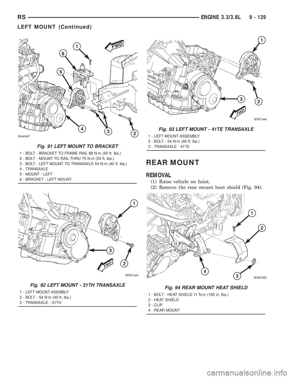 CHRYSLER VOYAGER 2001  Service Manual REAR MOUNT
REMOVAL
(1) Raise vehicle on hoist.
(2) Remove the rear mount heat shield (Fig. 94).
Fig. 91 LEFT MOUNT TO BRACKET
1 - BOLT - BRACKET TO FRAME RAIL 68 N´m (50 ft. lbs.)
2 - BOLT - MOUNT TO