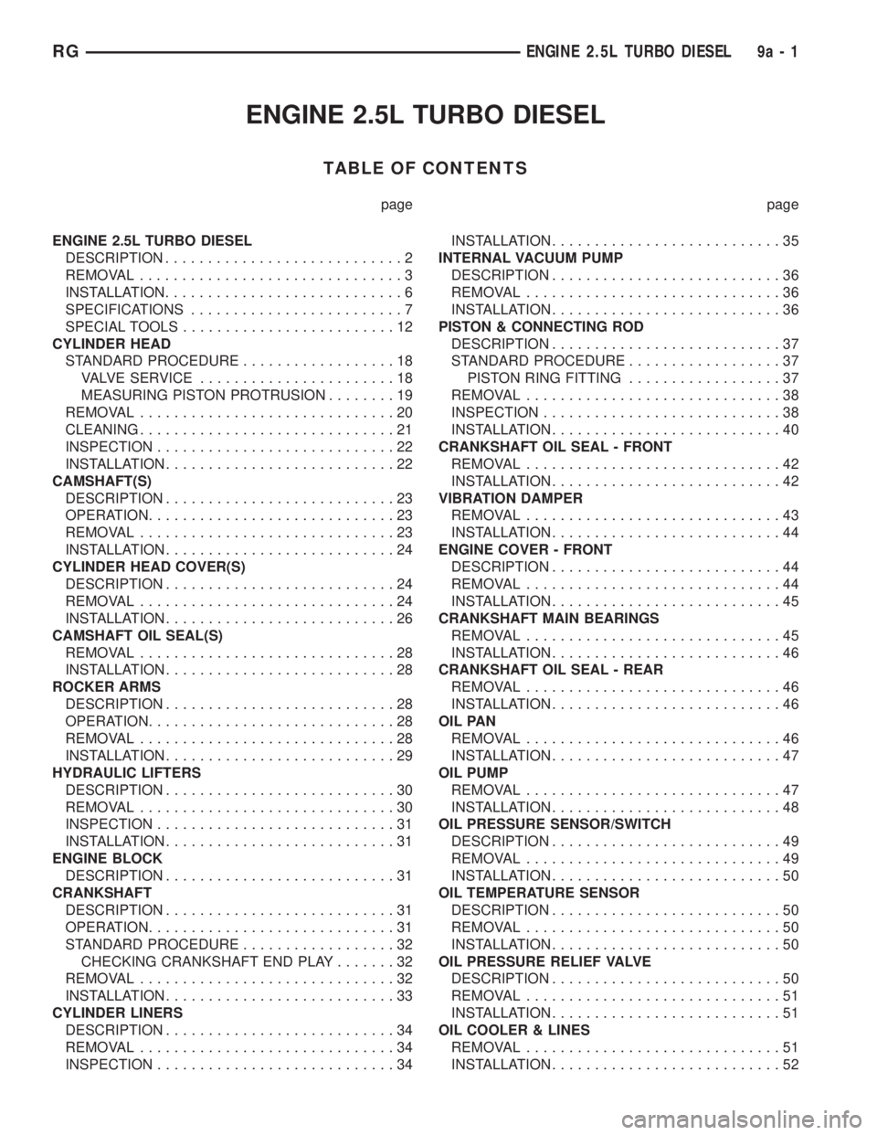 CHRYSLER VOYAGER 2001  Service Manual ENGINE 2.5L TURBO DIESEL
TABLE OF CONTENTS
page page
ENGINE 2.5L TURBO DIESEL
DESCRIPTION............................2
REMOVAL...............................3
INSTALLATION............................6