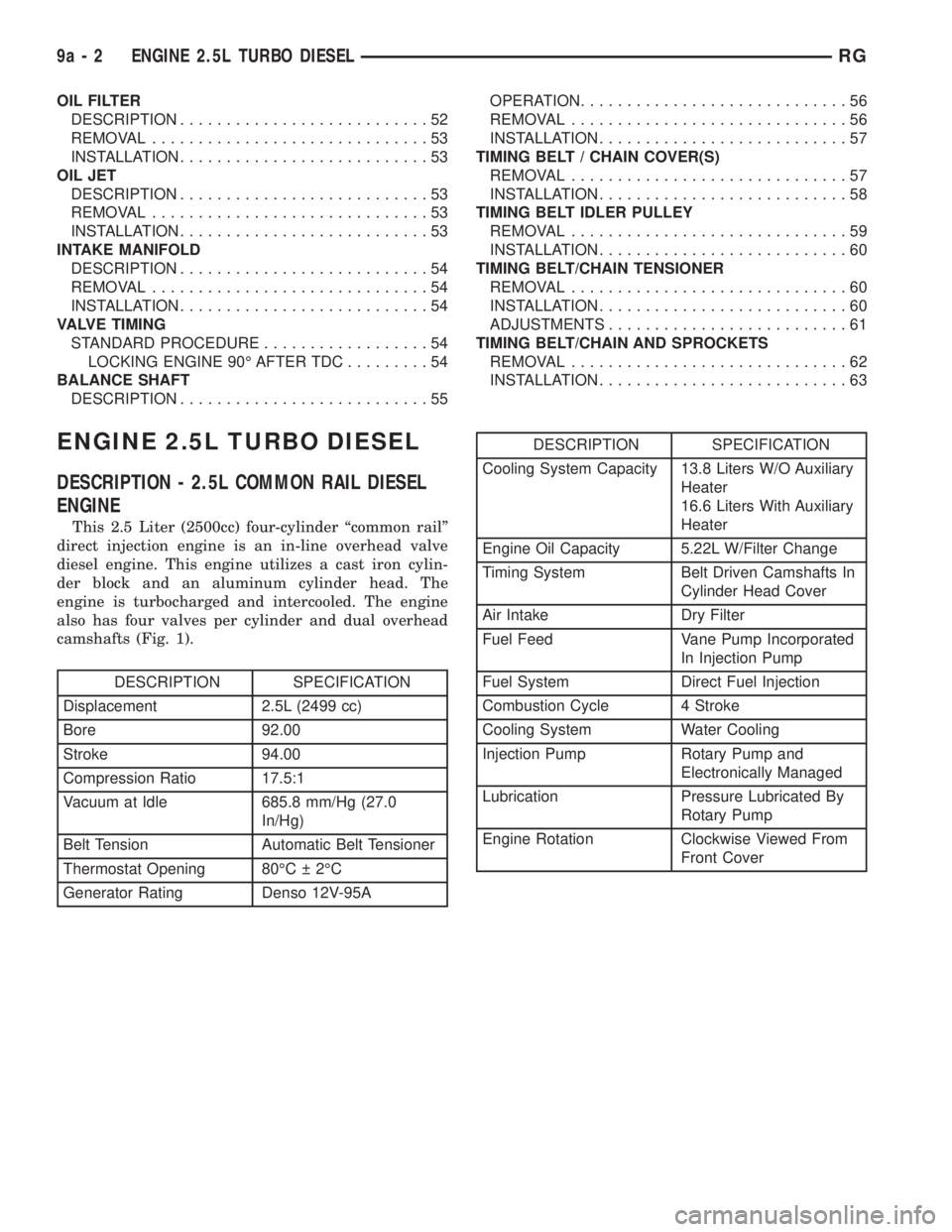 CHRYSLER VOYAGER 2001  Service Manual OIL FILTER
DESCRIPTION...........................52
REMOVAL..............................53
INSTALLATION...........................53
OIL JET
DESCRIPTION...........................53
REMOVAL..........