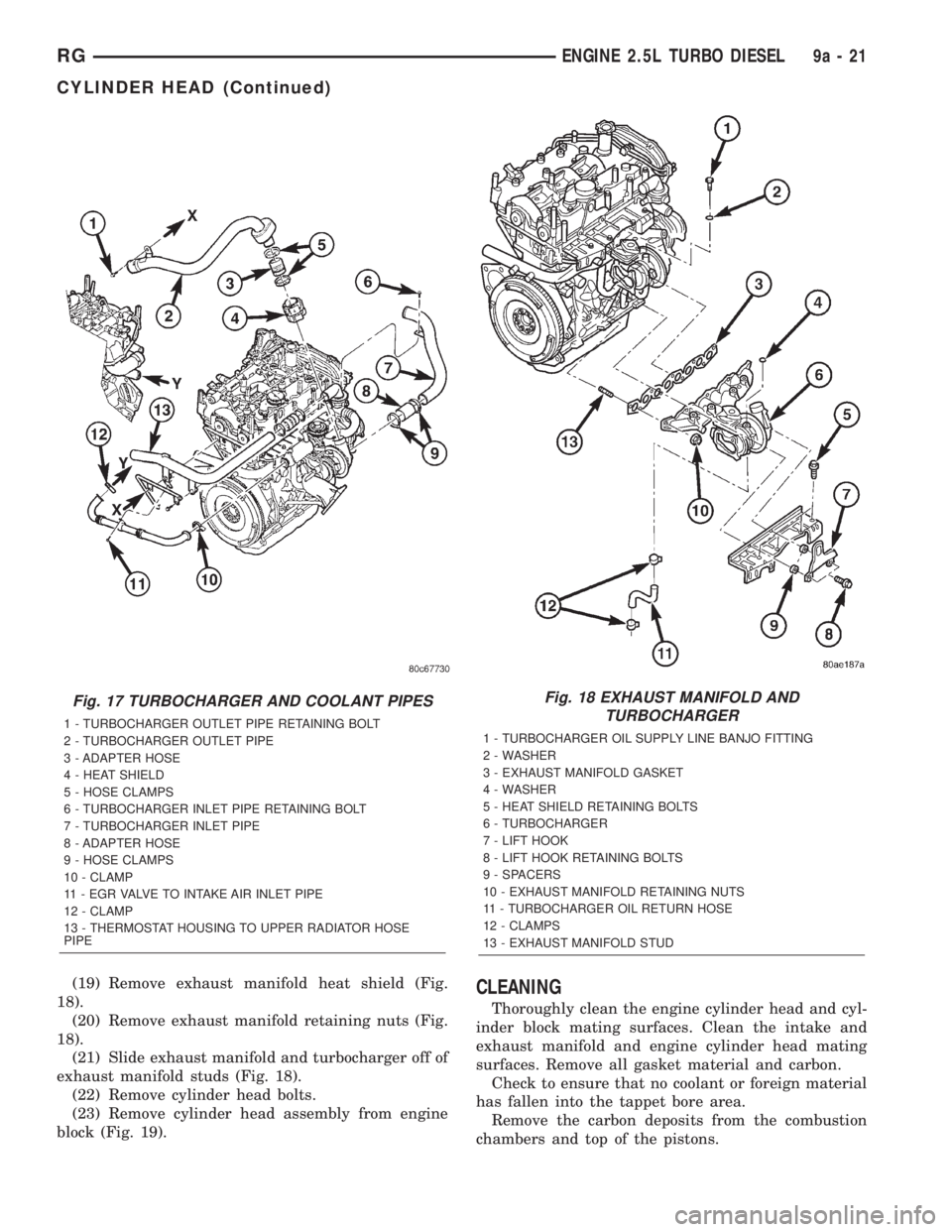 CHRYSLER VOYAGER 2001 Service Manual (19) Remove exhaust manifold heat shield (Fig.
18).
(20) Remove exhaust manifold retaining nuts (Fig.
18).
(21) Slide exhaust manifold and turbocharger off of
exhaust manifold studs (Fig. 18).
(22) Re CHRYSLER VOYAGER 2001 Service Manual (19) Remove exhaust manifold heat shield (Fig.
18).
(20) Remove exhaust manifold retaining nuts (Fig.
18).
(21) Slide exhaust manifold and turbocharger off of
exhaust manifold studs (Fig. 18).
(22) Re