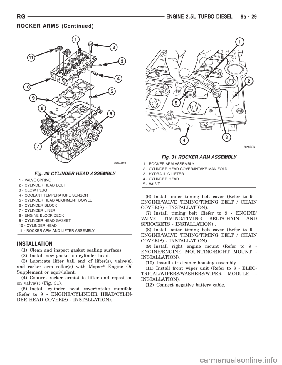 CHRYSLER VOYAGER 2001  Service Manual INSTALLATION
(1) Clean and inspect gasket sealing surfaces.
(2) Install new gasket on cylinder head.
(3) Lubricate lifter ball end of lifter(s), valve(s),
and rocker arm roller(s) with MopartEngine Oi