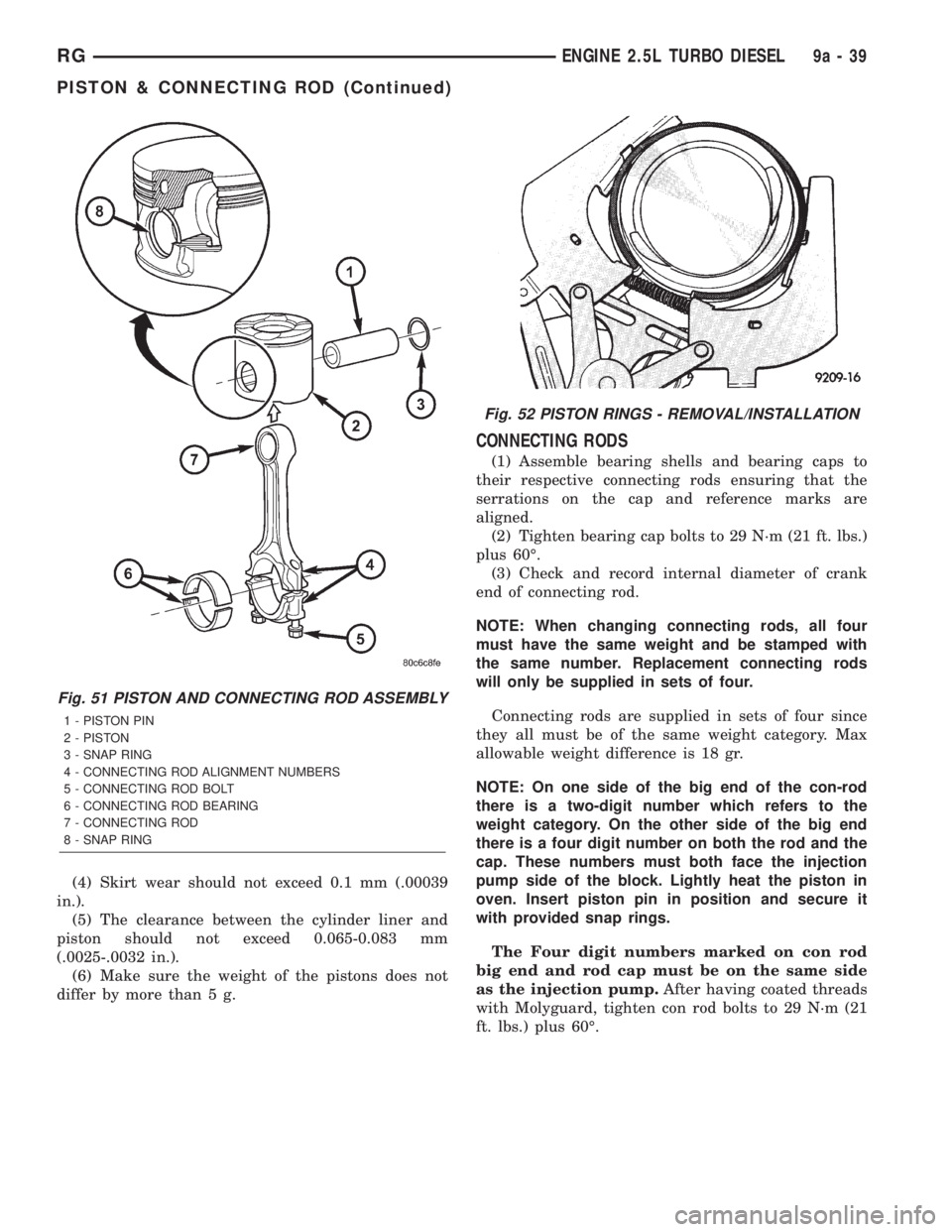 CHRYSLER VOYAGER 2001 Service Manual (4) Skirt wear should not exceed 0.1 mm (.00039
in.).
(5) The clearance between the cylinder liner and
piston should not exceed 0.065-0.083 mm
(.0025-.0032 in.).
(6) Make sure the weight of the piston CHRYSLER VOYAGER 2001 Service Manual (4) Skirt wear should not exceed 0.1 mm (.00039
in.).
(5) The clearance between the cylinder liner and
piston should not exceed 0.065-0.083 mm
(.0025-.0032 in.).
(6) Make sure the weight of the piston