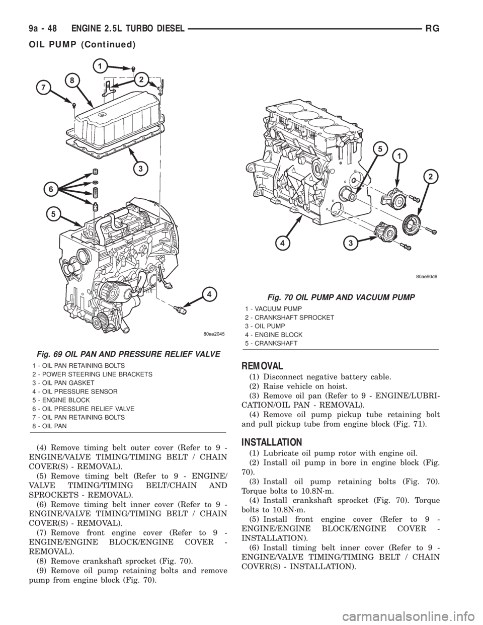 CHRYSLER VOYAGER 2001  Service Manual (4) Remove timing belt outer cover (Refer to 9 -
ENGINE/VALVE TIMING/TIMING BELT / CHAIN
COVER(S) - REMOVAL).
(5) Remove timing belt (Refer to 9 - ENGINE/
VALVE TIMING/TIMING BELT/CHAIN AND
SPROCKETS 