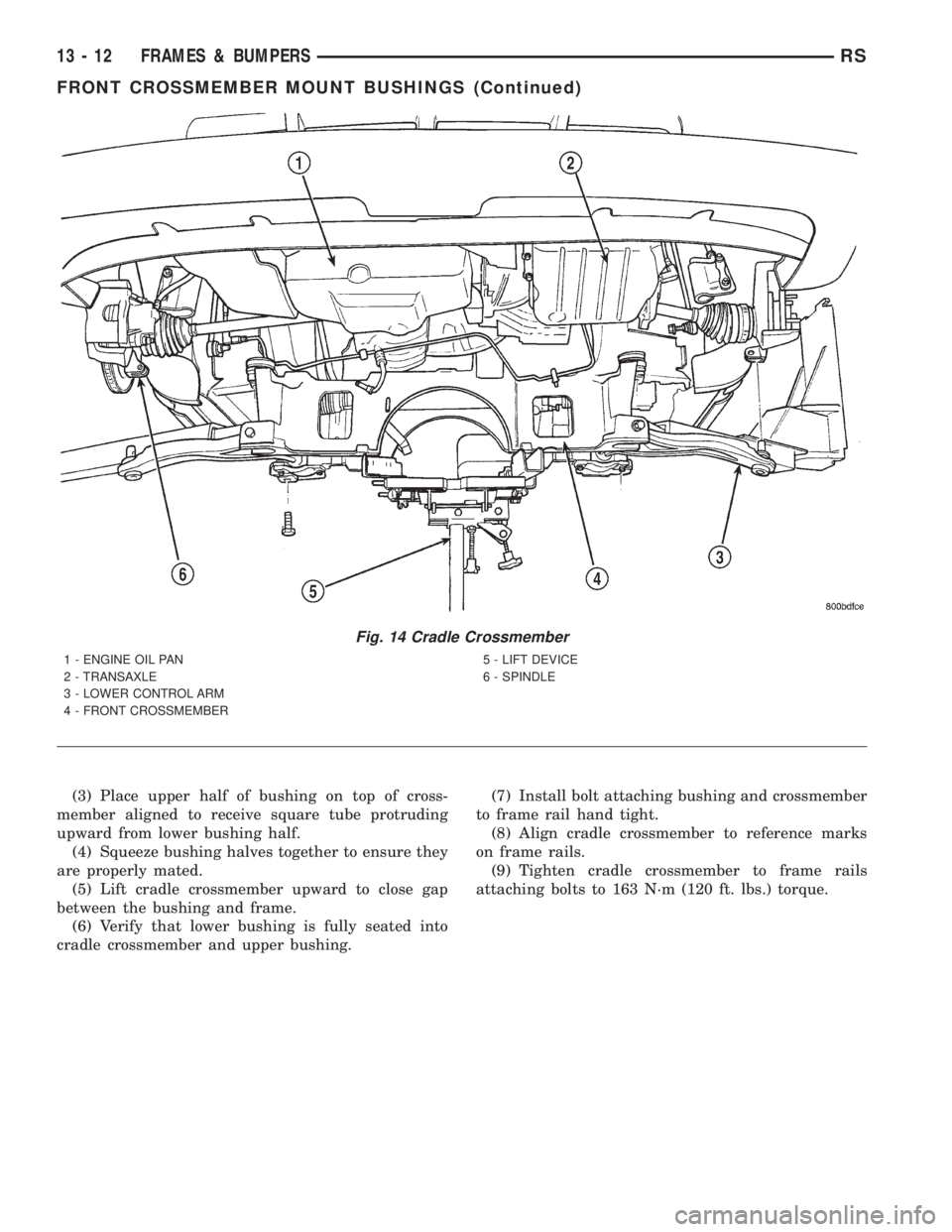 CHRYSLER VOYAGER 2001  Service Manual (3) Place upper half of bushing on top of cross-
member aligned to receive square tube protruding
upward from lower bushing half.
(4) Squeeze bushing halves together to ensure they
are properly mated.