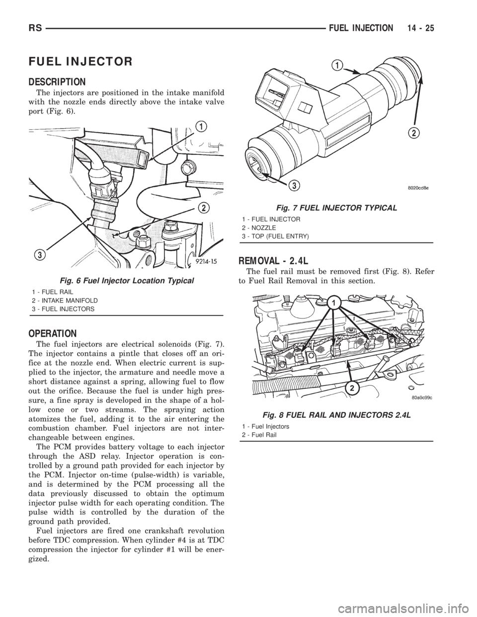 CHRYSLER VOYAGER 2001  Service Manual FUEL INJECTOR
DESCRIPTION
The injectors are positioned in the intake manifold
with the nozzle ends directly above the intake valve
port (Fig. 6).
OPERATION
The fuel injectors are electrical solenoids 