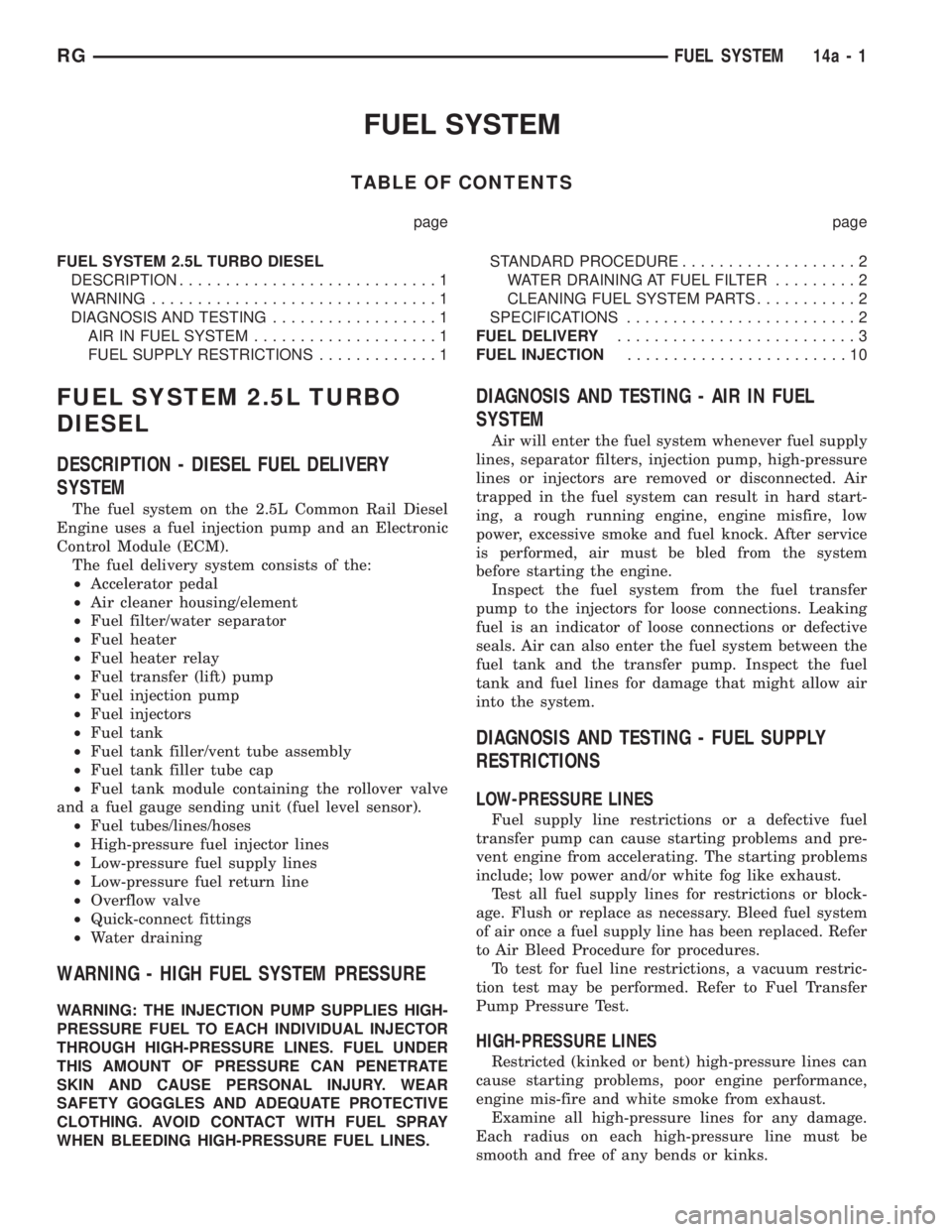 CHRYSLER VOYAGER 2001 Service Manual FUEL SYSTEM
TABLE OF CONTENTS
page page
FUEL SYSTEM 2.5L TURBO DIESEL
DESCRIPTION............................1
WARNING...............................1
DIAGNOSIS AND TESTING..................1
AIR IN F CHRYSLER VOYAGER 2001 Service Manual FUEL SYSTEM
TABLE OF CONTENTS
page page
FUEL SYSTEM 2.5L TURBO DIESEL
DESCRIPTION............................1
WARNING...............................1
DIAGNOSIS AND TESTING..................1
AIR IN F