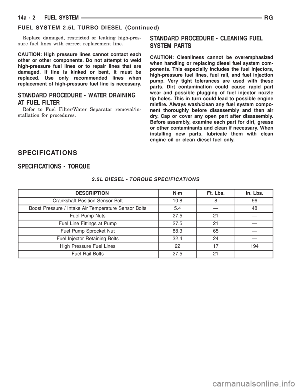 CHRYSLER VOYAGER 2001  Service Manual Replace damaged, restricted or leaking high-pres-
sure fuel lines with correct replacement line.
CAUTION: High pressure lines cannot contact each
other or other components. Do not attempt to weld
high