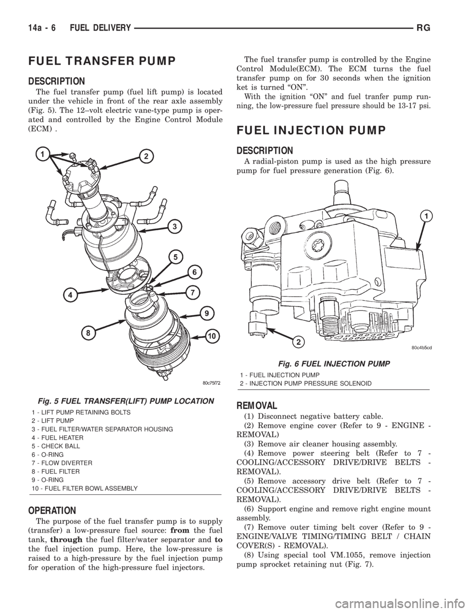 CHRYSLER VOYAGER 2001  Service Manual FUEL TRANSFER PUMP
DESCRIPTION
The fuel transfer pump (fuel lift pump) is located
under the vehicle in front of the rear axle assembly
(Fig. 5). The 12±volt electric vane-type pump is oper-
ated and 