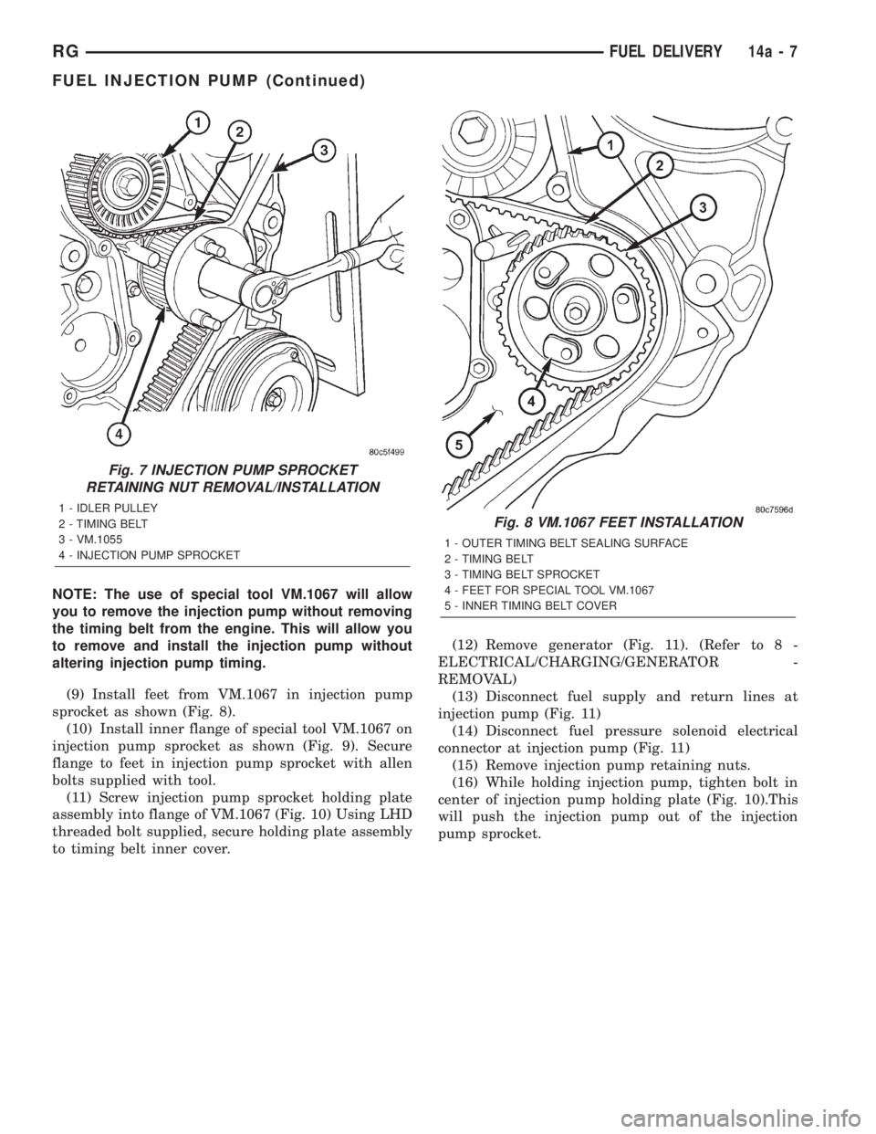 CHRYSLER VOYAGER 2001  Service Manual NOTE: The use of special tool VM.1067 will allow
you to remove the injection pump without removing
the timing belt from the engine. This will allow you
to remove and install the injection pump without