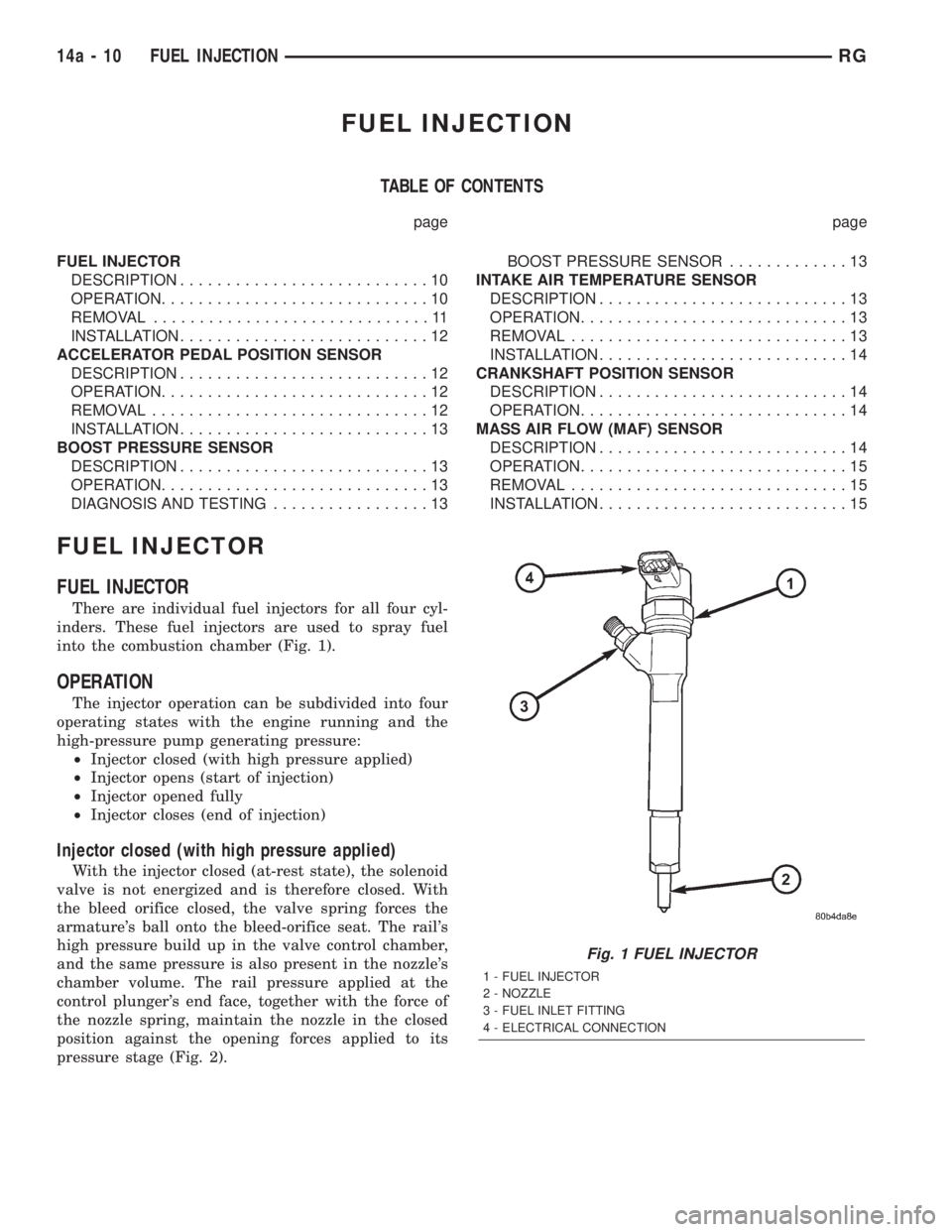 CHRYSLER VOYAGER 2001  Service Manual FUEL INJECTION
TABLE OF CONTENTS
page page
FUEL INJECTOR
DESCRIPTION...........................10
OPERATION.............................10
REMOVAL..............................11
INSTALLATION.........