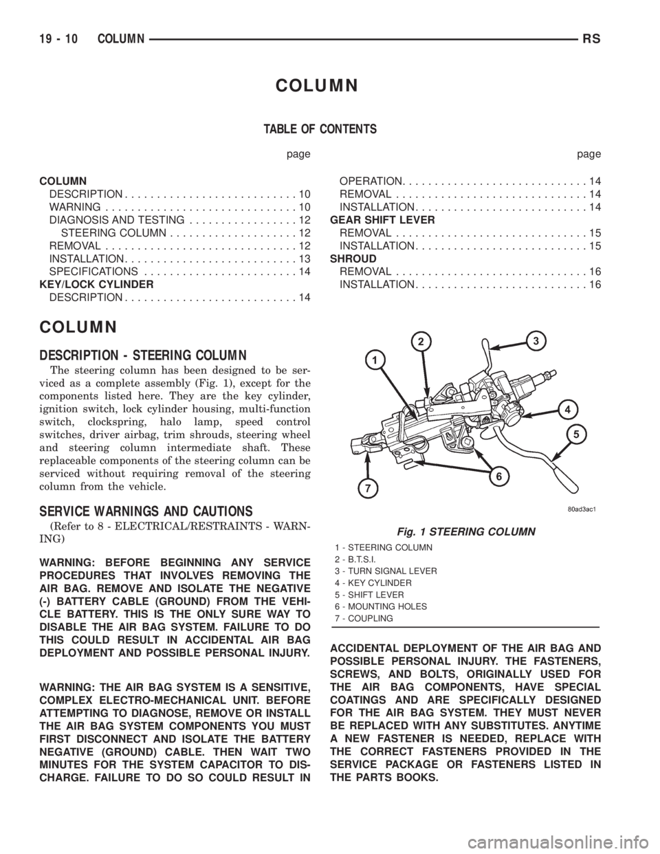 CHRYSLER VOYAGER 2001  Service Manual COLUMN
TABLE OF CONTENTS
page page
COLUMN
DESCRIPTION...........................10
WARNING..............................10
DIAGNOSIS AND TESTING.................12
STEERING COLUMN....................1