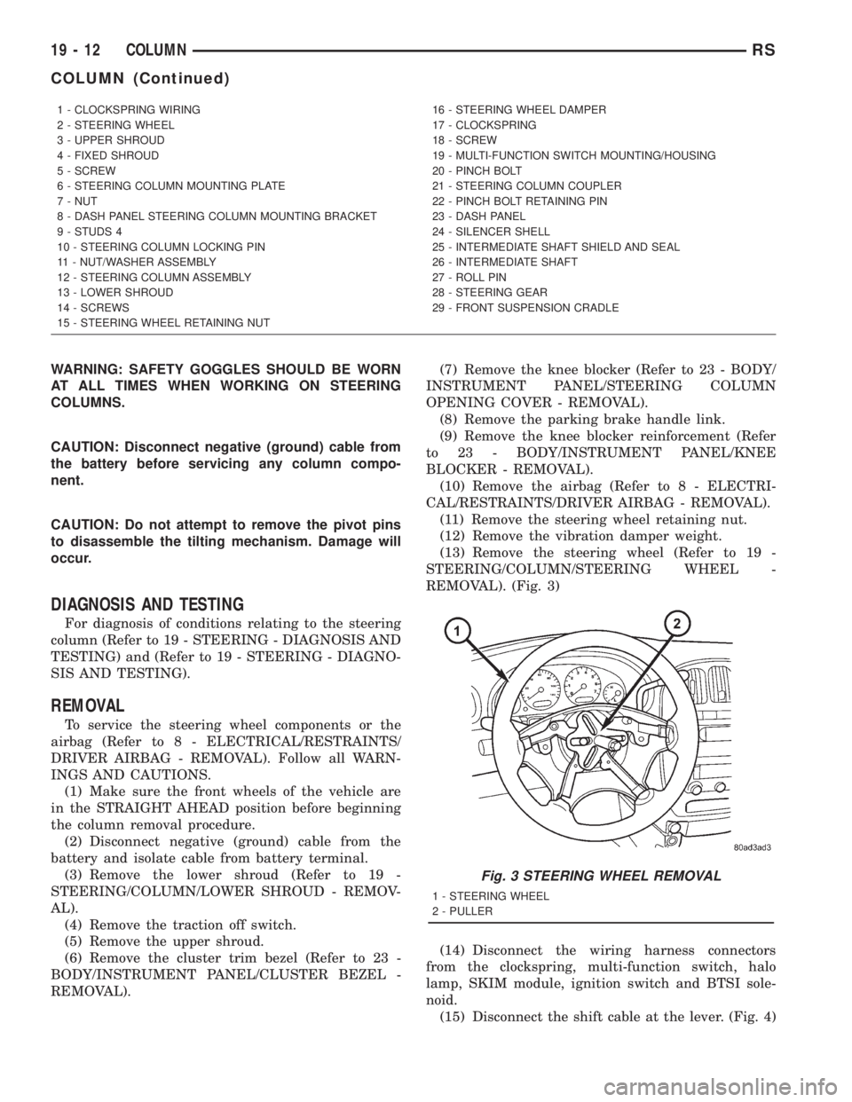 CHRYSLER VOYAGER 2001  Service Manual WARNING: SAFETY GOGGLES SHOULD BE WORN
AT ALL TIMES WHEN WORKING ON STEERING
COLUMNS.
CAUTION: Disconnect negative (ground) cable from
the battery before servicing any column compo-
nent.
CAUTION: Do 